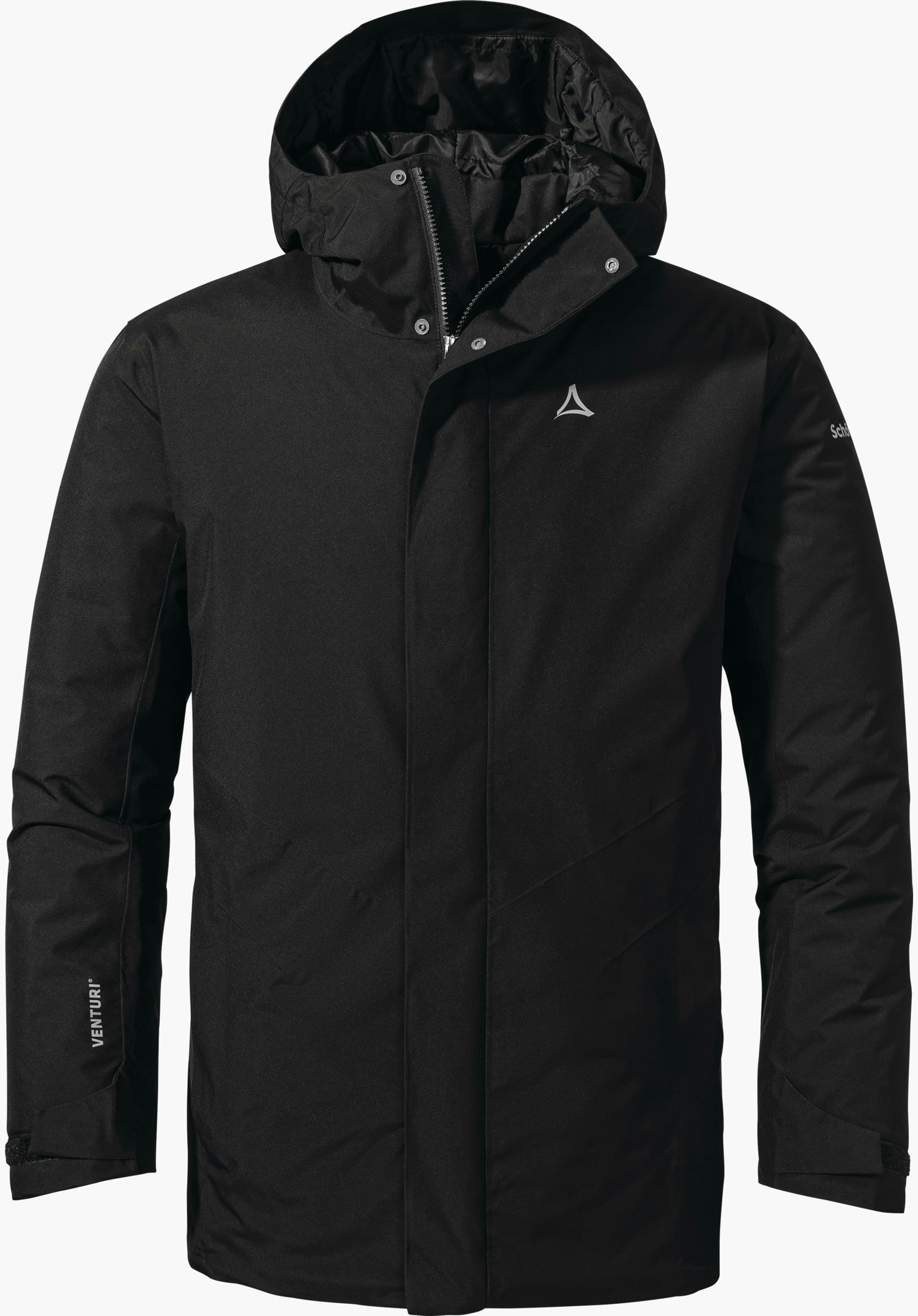 Parka Style Froda MNS Schwarzer Kapuzenparka, frontal präsentiert mit hochgestellter Kapuze; Schöffel-Logo auf der Brust, Kapuzenfutter schwarz, freigestellt vor weißem Hintergrund. Schriftzug am Ärmel: VENTURI®.
