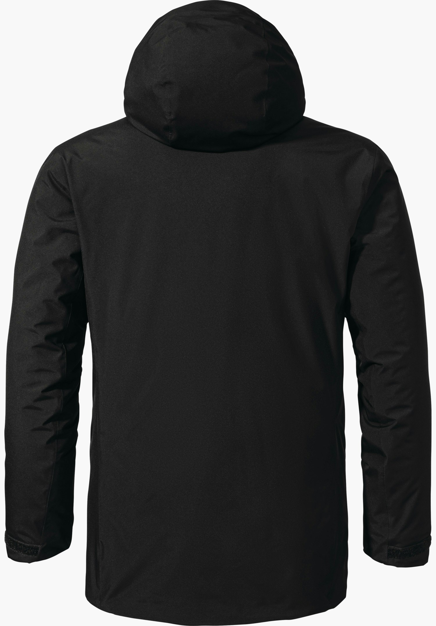 Parka Style Froda MNS schwarze Kapuzenjacke, von hinten dargestellt, Kapuze hoch, Ärmel locker herabfallend; glatter, matt wirkender Stoff; vor einfarbig weißem Hintergrund.