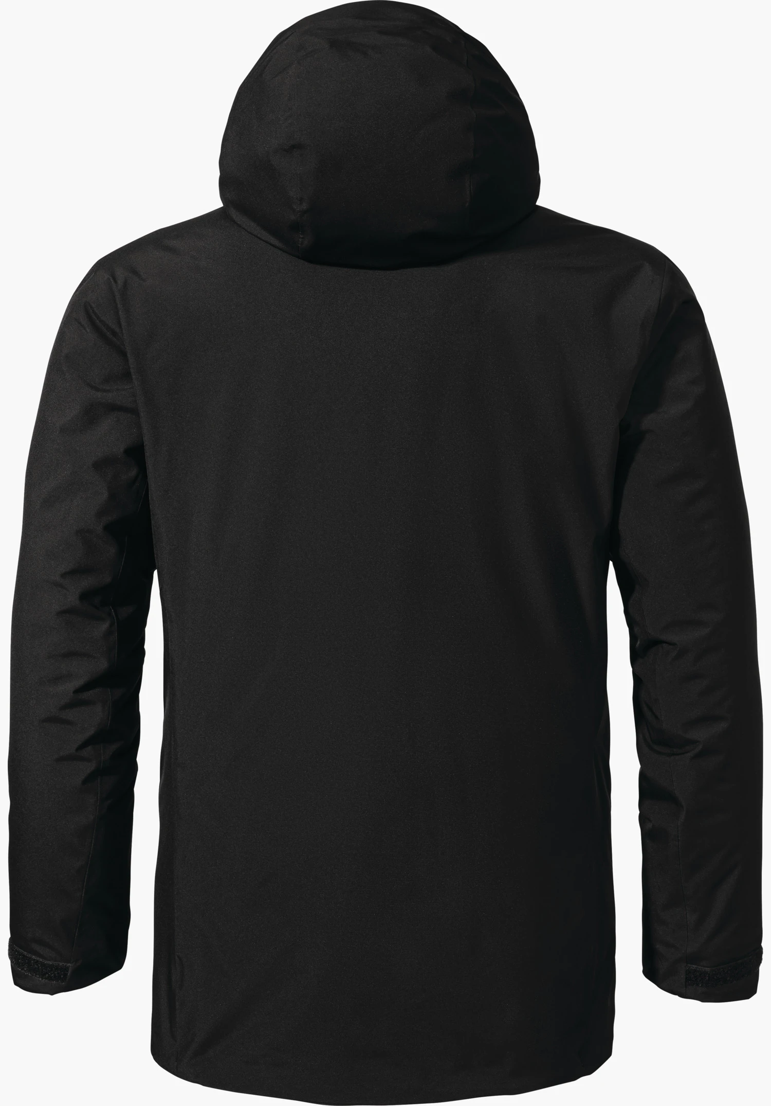 Parka Style Froda MNS schwarze Kapuzenjacke, von hinten dargestellt, Kapuze hoch, Ärmel locker herabfallend; glatter, matt wirkender Stoff; vor einfarbig weißem Hintergrund.