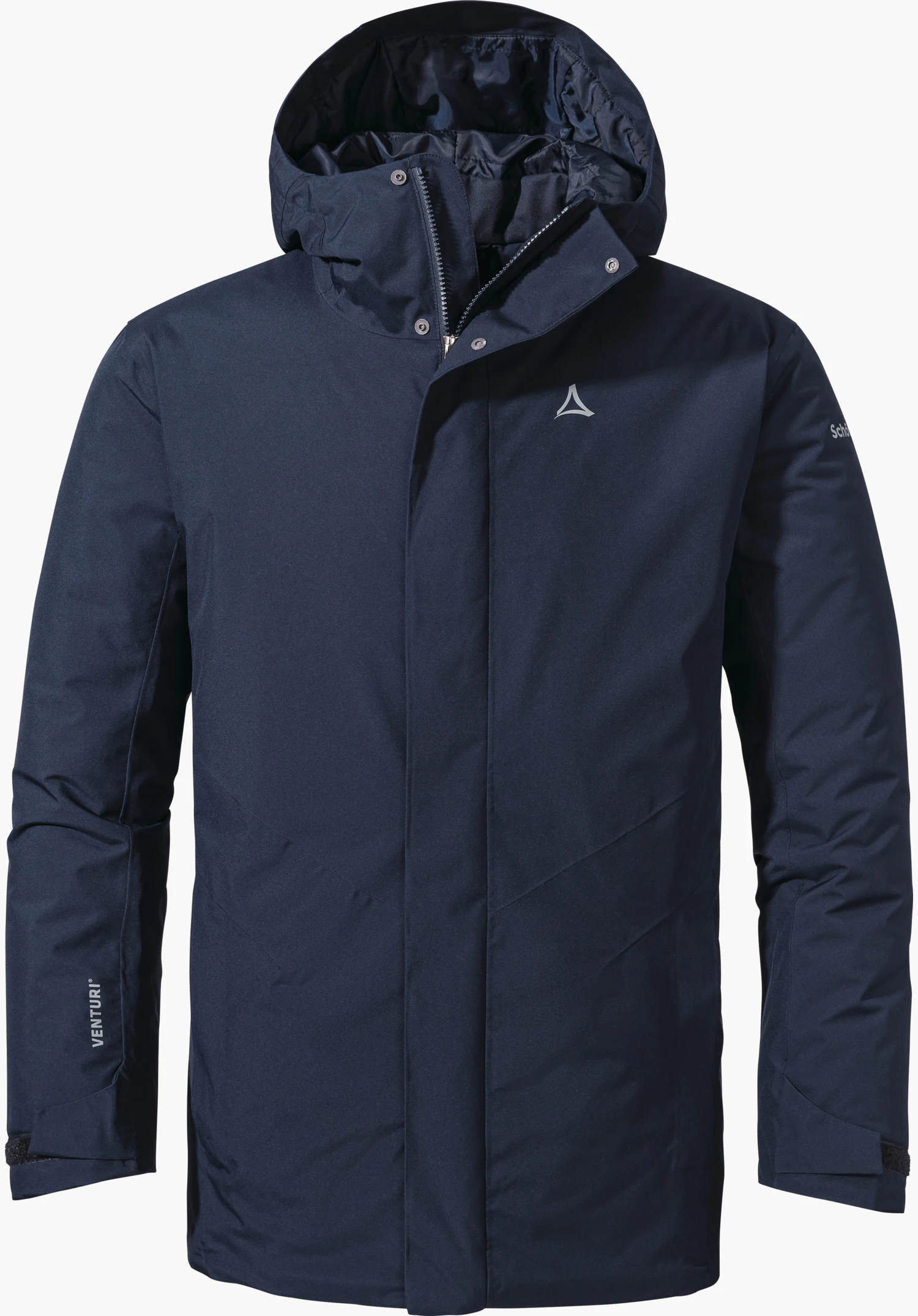 Parka Style Froda MNS in blue with a hood, shown from the front with a Schöffel logo on the chest and Schöffel lettering on the sleeve, isolated on a white background.