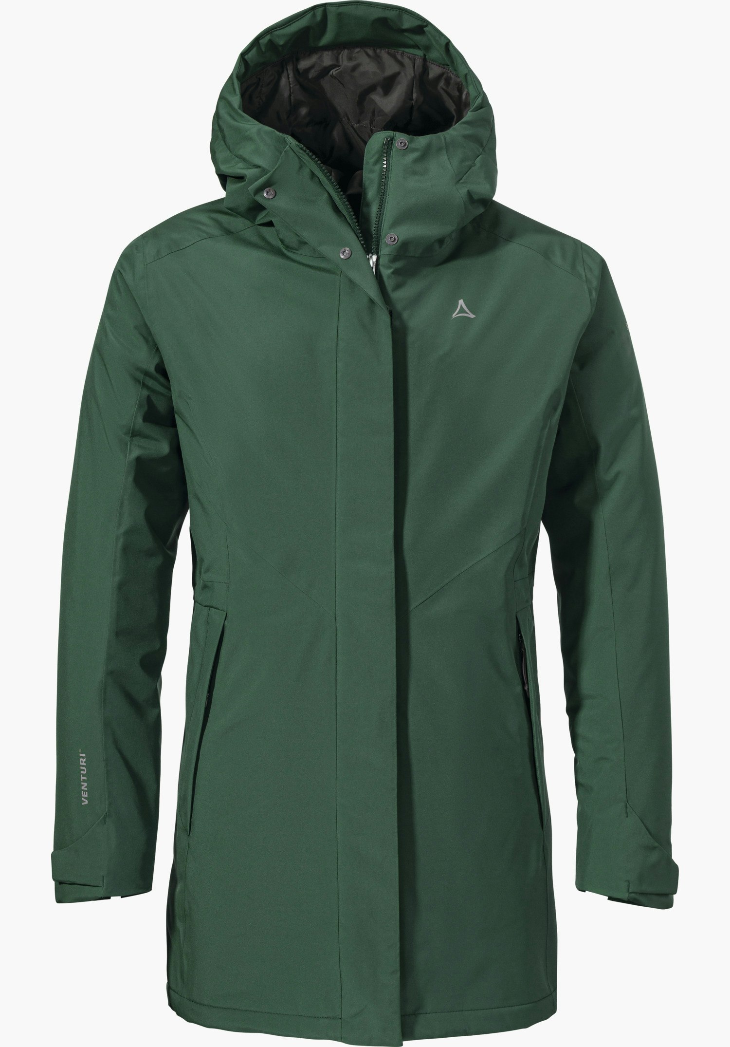 Parka Style Froda WMS parka vert, présenté de face, fermeture éclair partiellement fermée; logo Schöffel sur la poitrine. Photo studio sur fond blanc. Inscription: « VENTURI ».