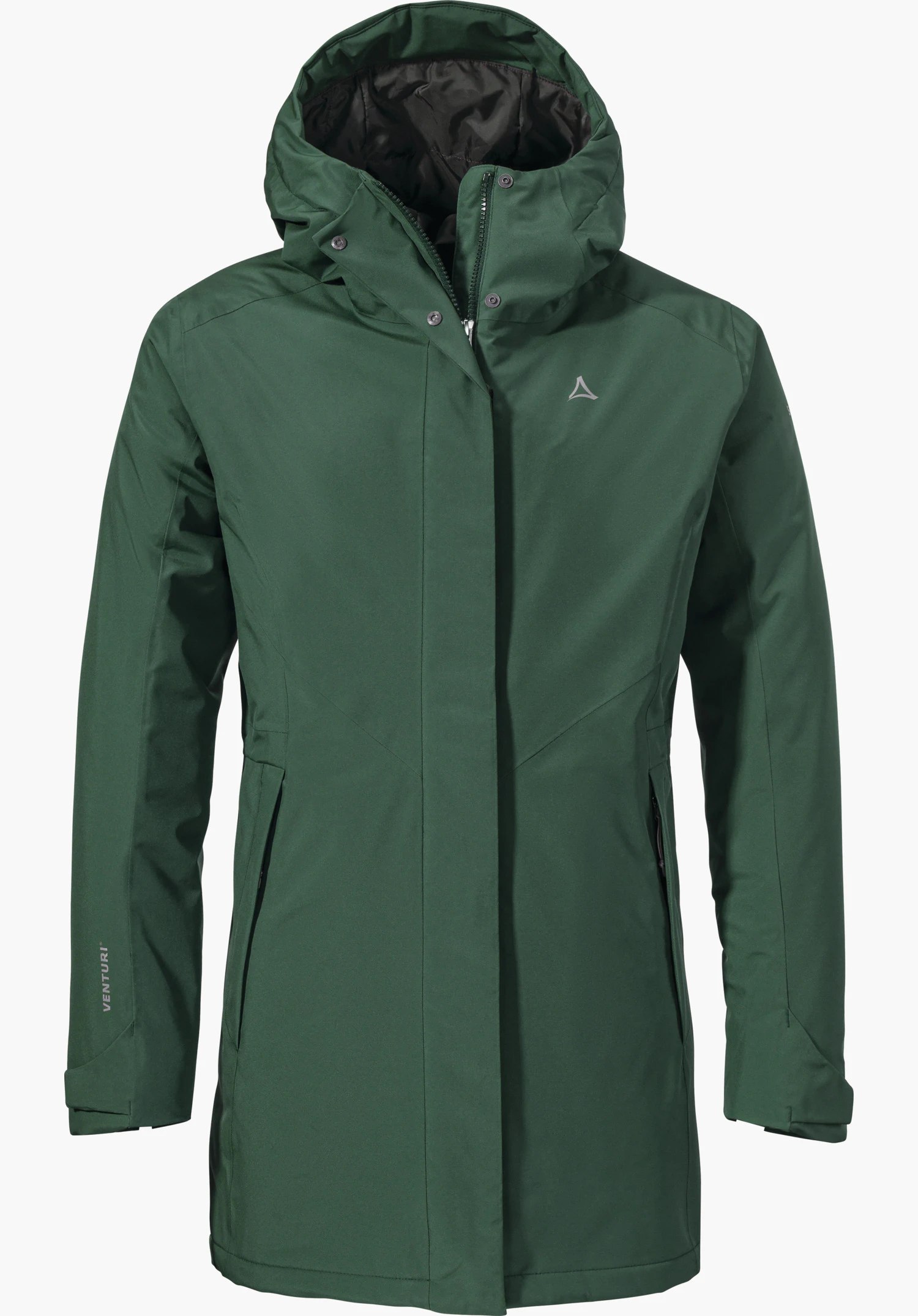 Parka Style Froda WMS parka vert, présenté de face, fermeture éclair partiellement fermée; logo Schöffel sur la poitrine. Photo studio sur fond blanc. Inscription: « VENTURI ».