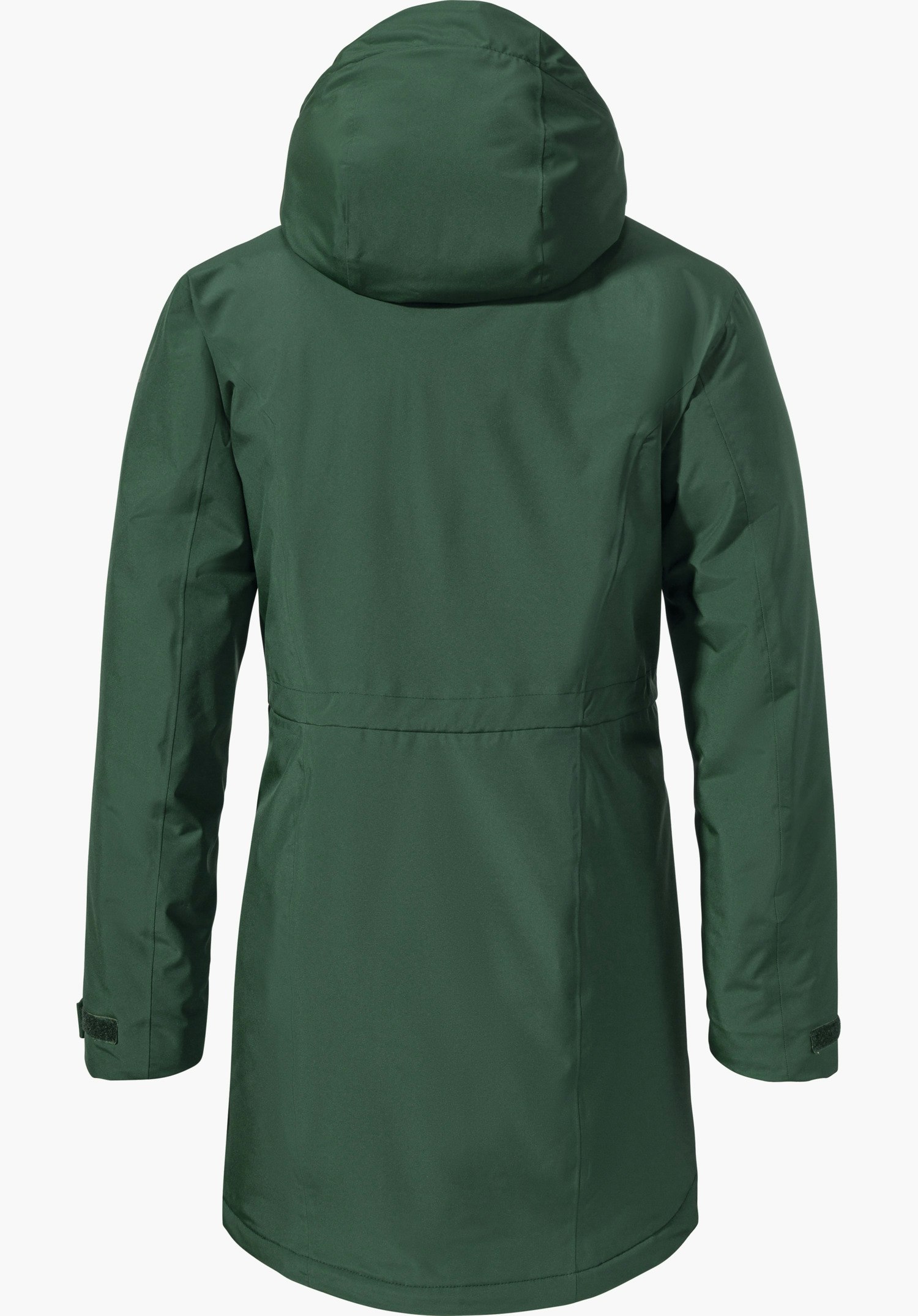 Parka Style Froda WMS Parka vert foncé, vue de dos; capuche posée, manches légèrement abaissées, couture de taille visible; surface lisse, ourlet droit en bas; sur fond gris clair neutre.