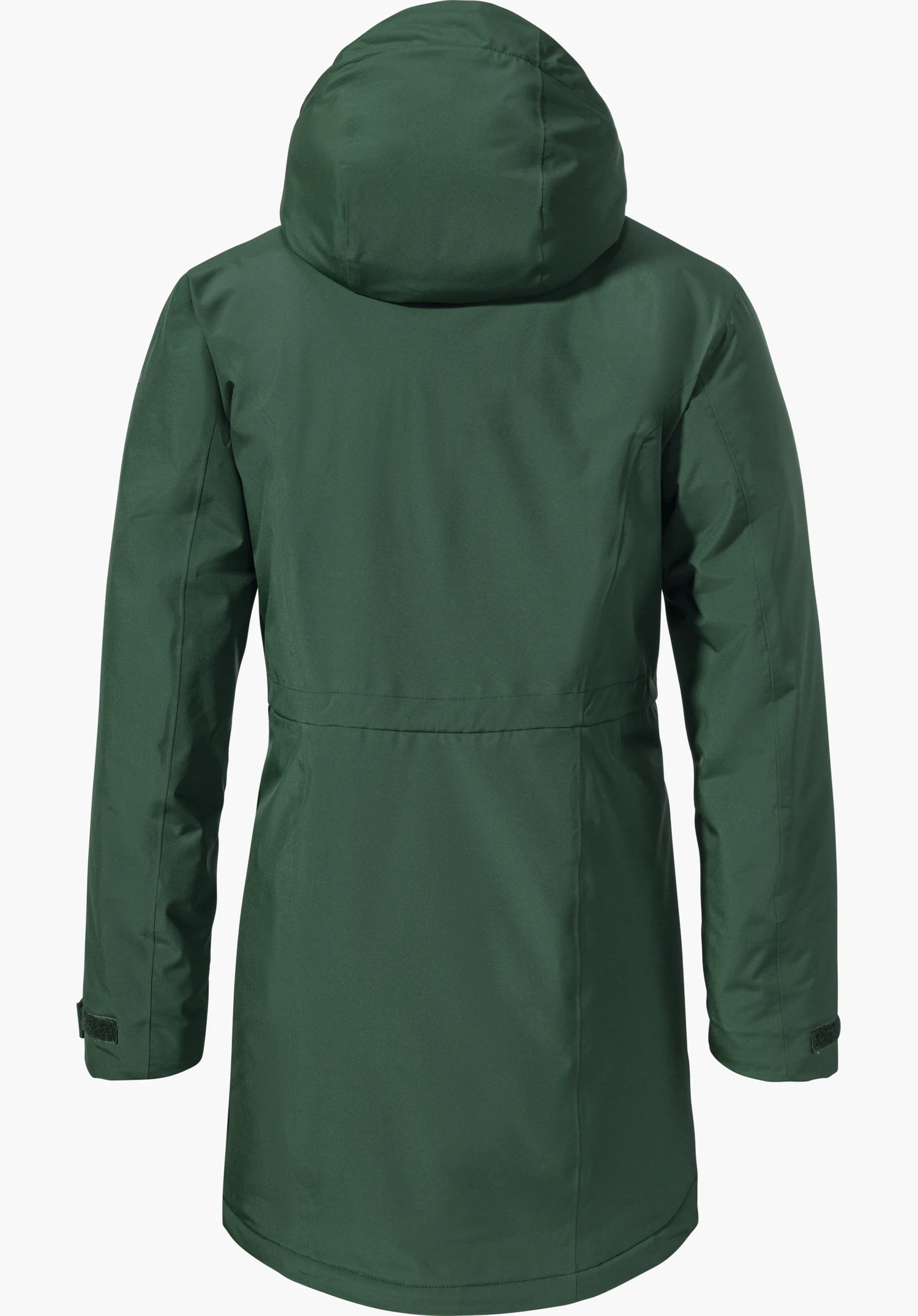 Parka Style Froda WMS Parka vert foncé, vue de dos; capuche posée, manches légèrement abaissées, couture de taille visible; surface lisse, ourlet droit en bas; sur fond gris clair neutre.