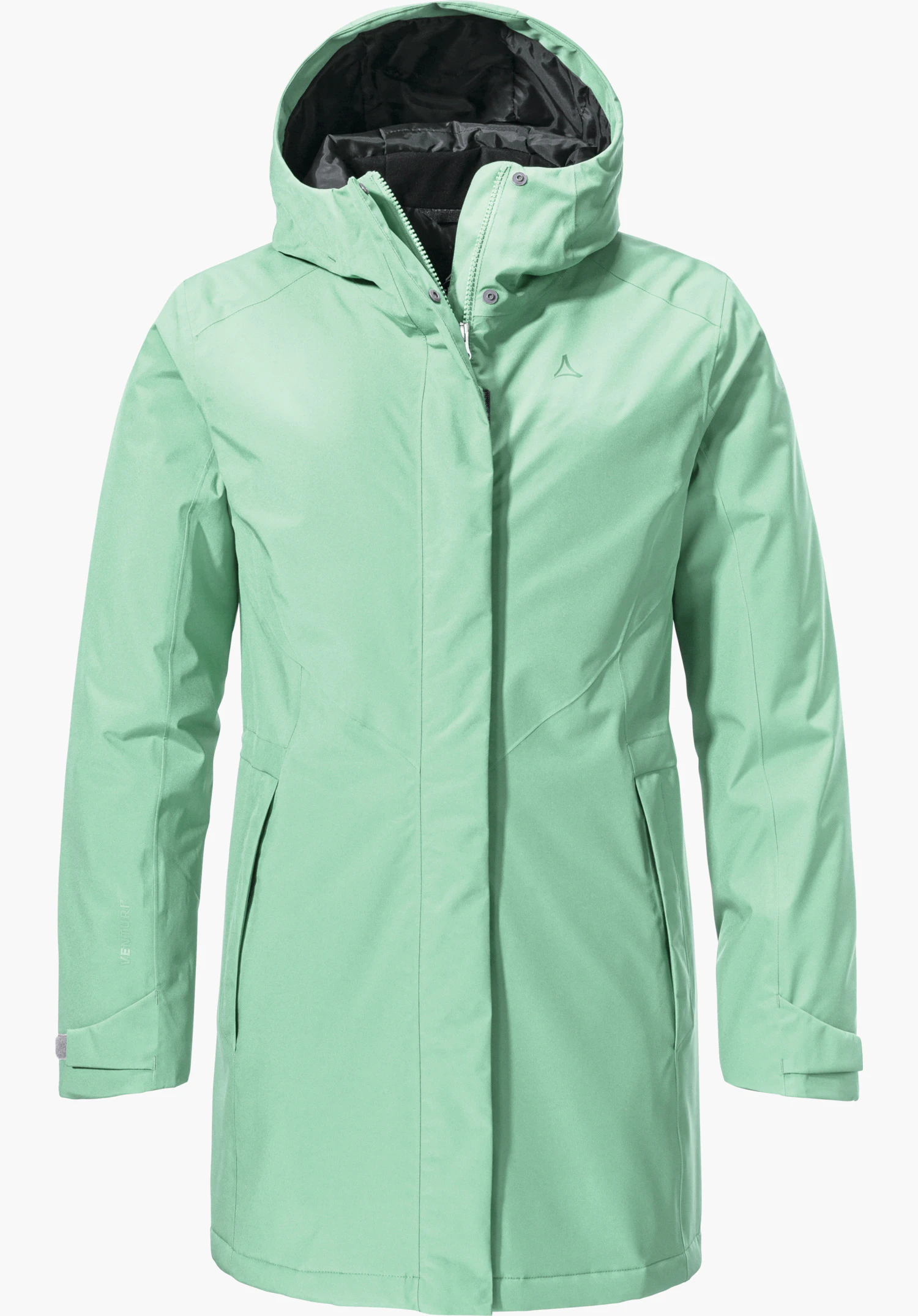 Parka Style Froda WMS parka vert clair avec capuche, présenté de face; fermeture éclair fermée, doublure intérieure noire, logo Schöffel sur la poitrine, deux poches latérales, fond blanc.