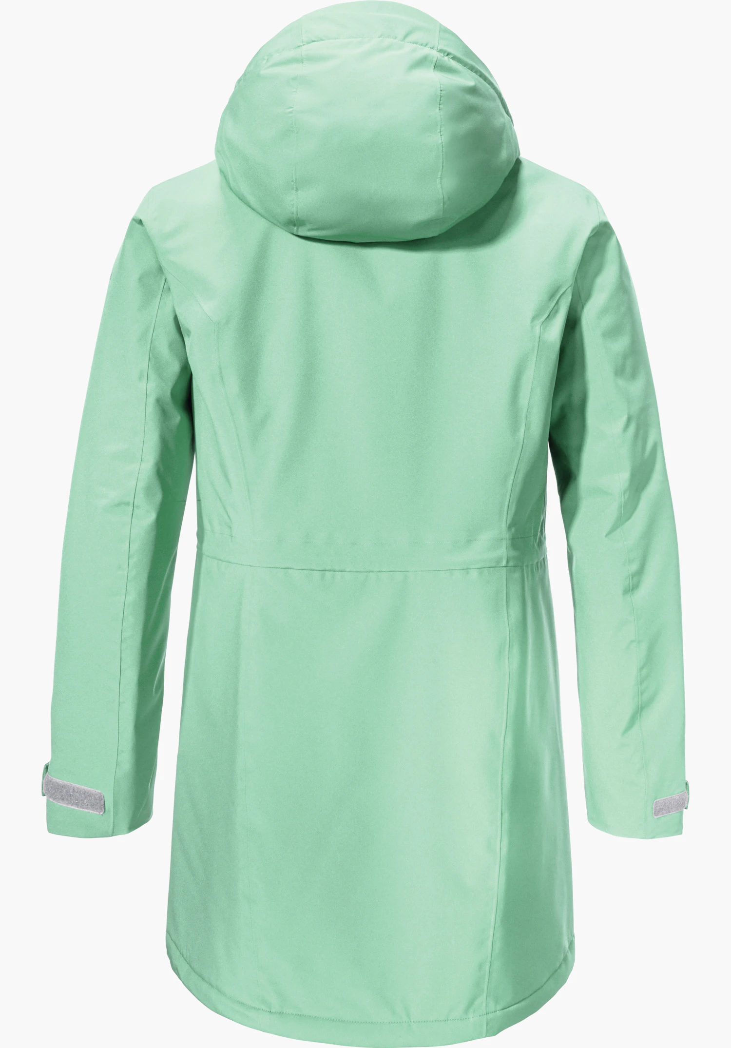Parka Style Froda WMS manteau vert clair, vue arrière; capuche fixée, manches tombantes; coupe mi-longue, tissu lisse; fond blanc.