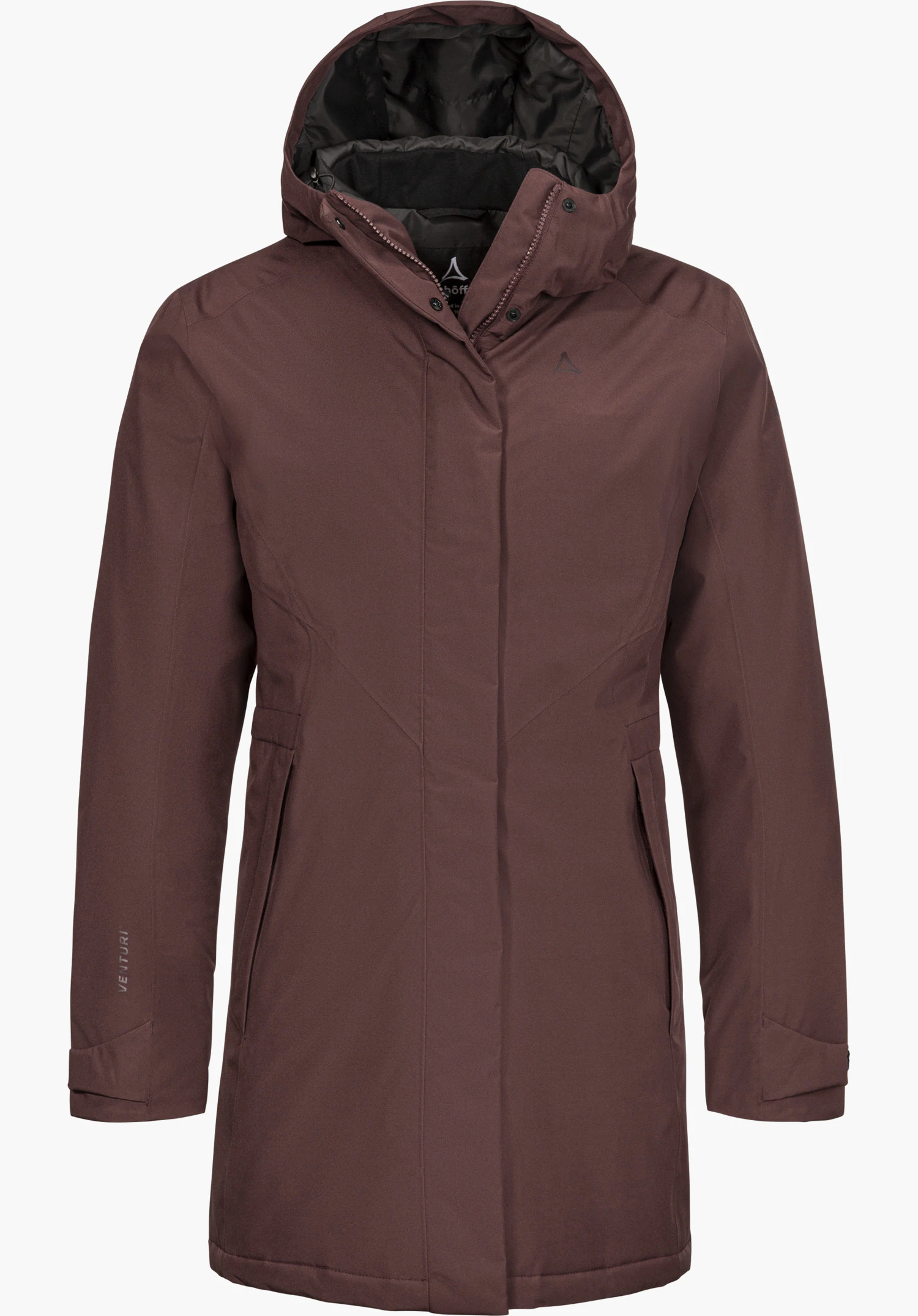 Parka Style Froda WMS, manteau violet avec capuche, fermeture éclair dissimulée et logo Schöffel, vue de face, détouré sur fond blanc.