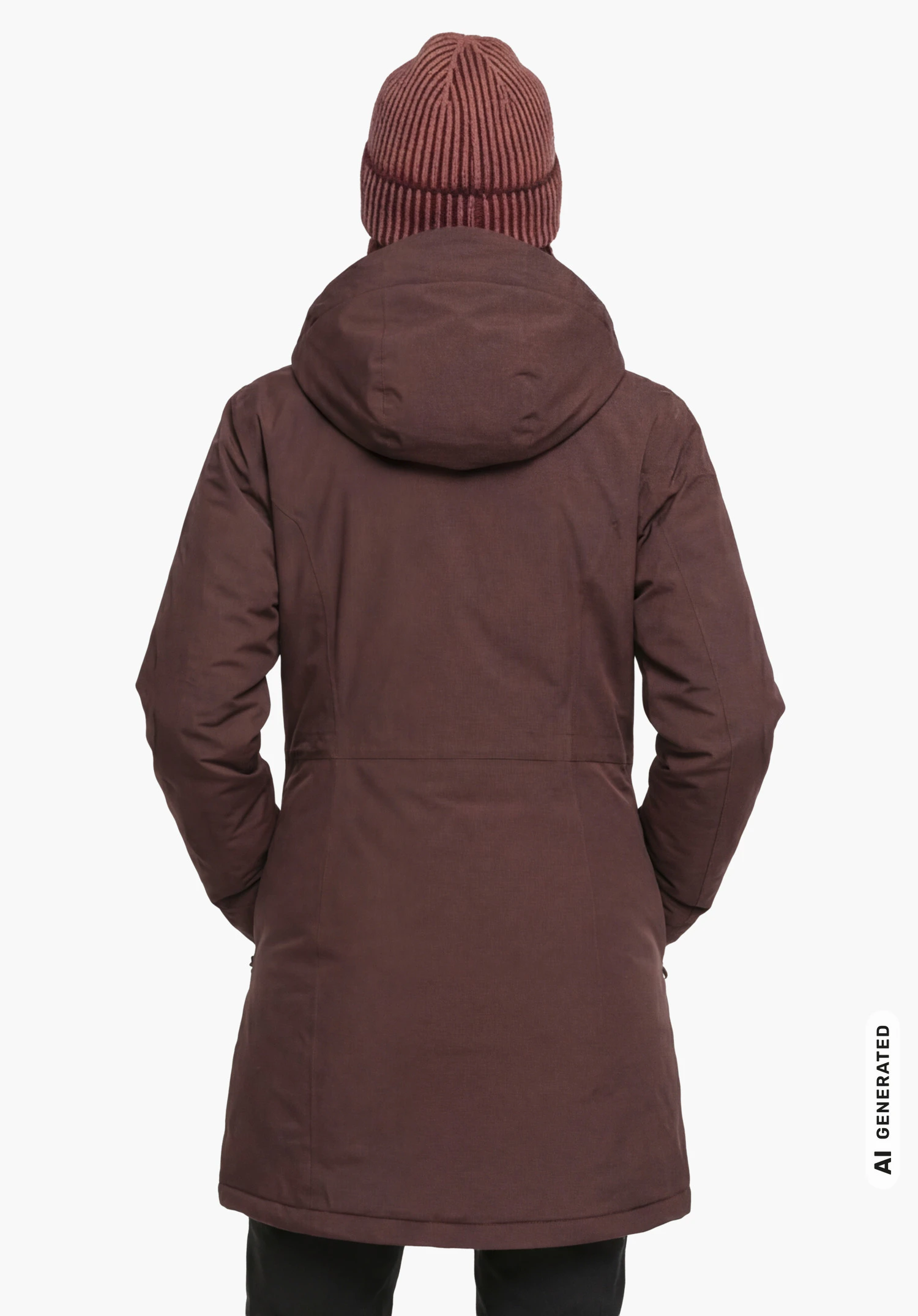 Parka Style Froda WMS in paars, gedragen door een vrouwelijk model dat rechtop staat en van achteren wordt getoond met de handen in de zakken, opgezette capuchon en bijpassende muts tegen een witte achtergrond. (AI-gegenereerd)