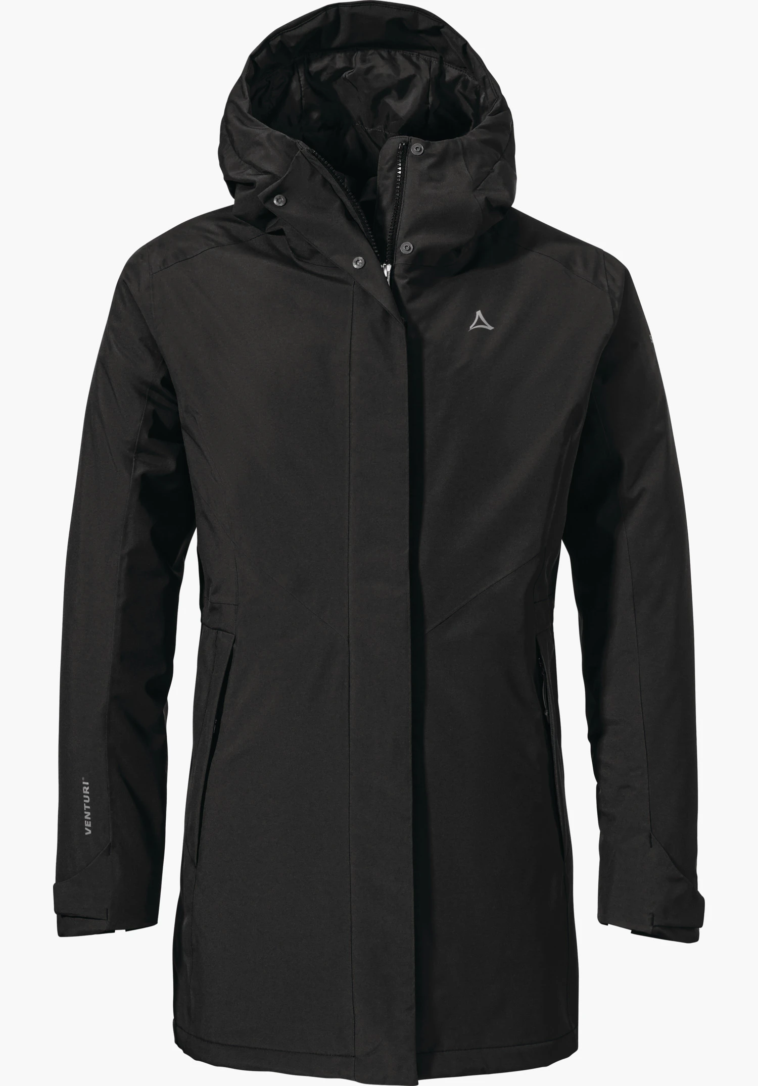 Parka Style Froda WMS Mantel in schwarz in Frontansicht mit Kapuze, sichtbarem Schöffel-Logo und Schöffel-Schriftzug im Kragenbereich sowie Venturi-Schriftzug am Ärmel, freigestellt vor weißem Hintergrund.
