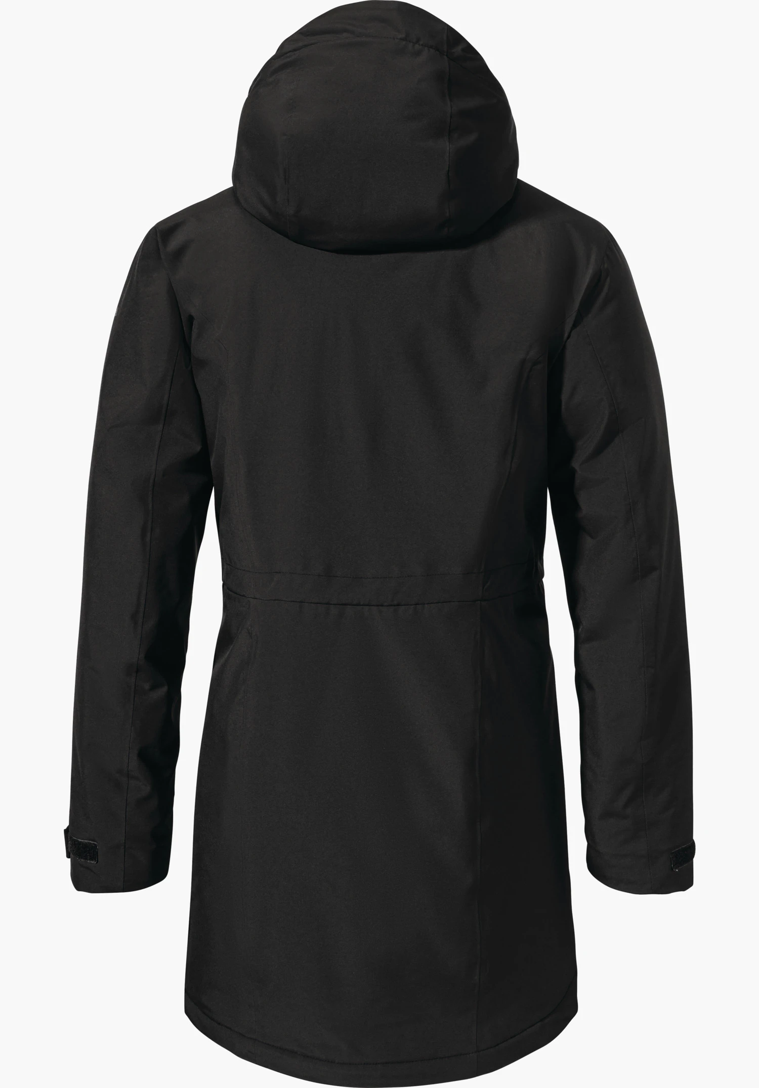 Parka Style Froda WMS Mantel in Schwarz in der Rückansicht mit Kapuze freigestellt vor weißem Hin tergrund.