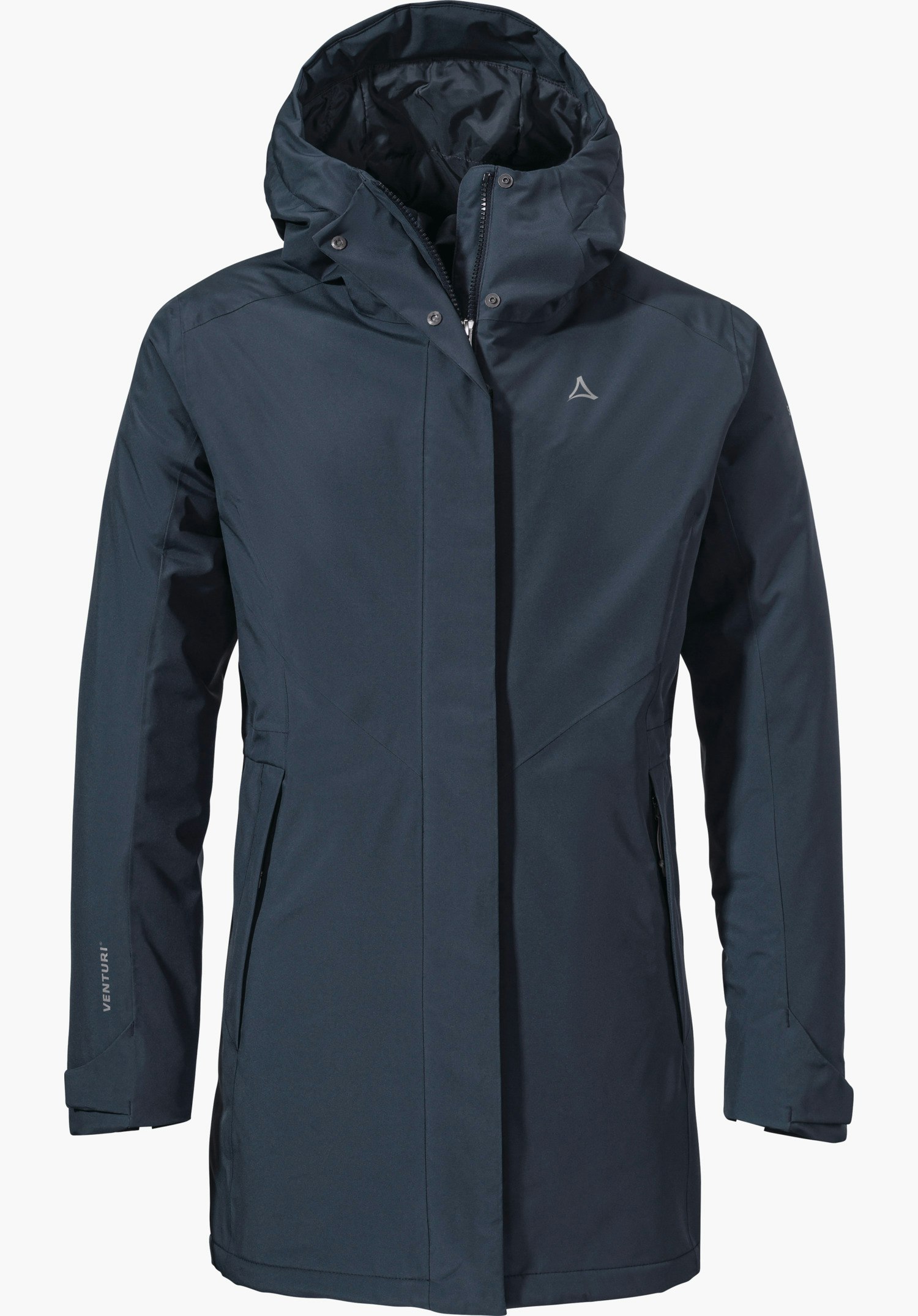 Parka Style Froda WMS parka bleu foncé, présenté de face sur fond blanc; avec capuche et fermeture éclair dissimulée, logo Schöffel sur la poitrine. Inscription sur la manche: « VENTURI ».