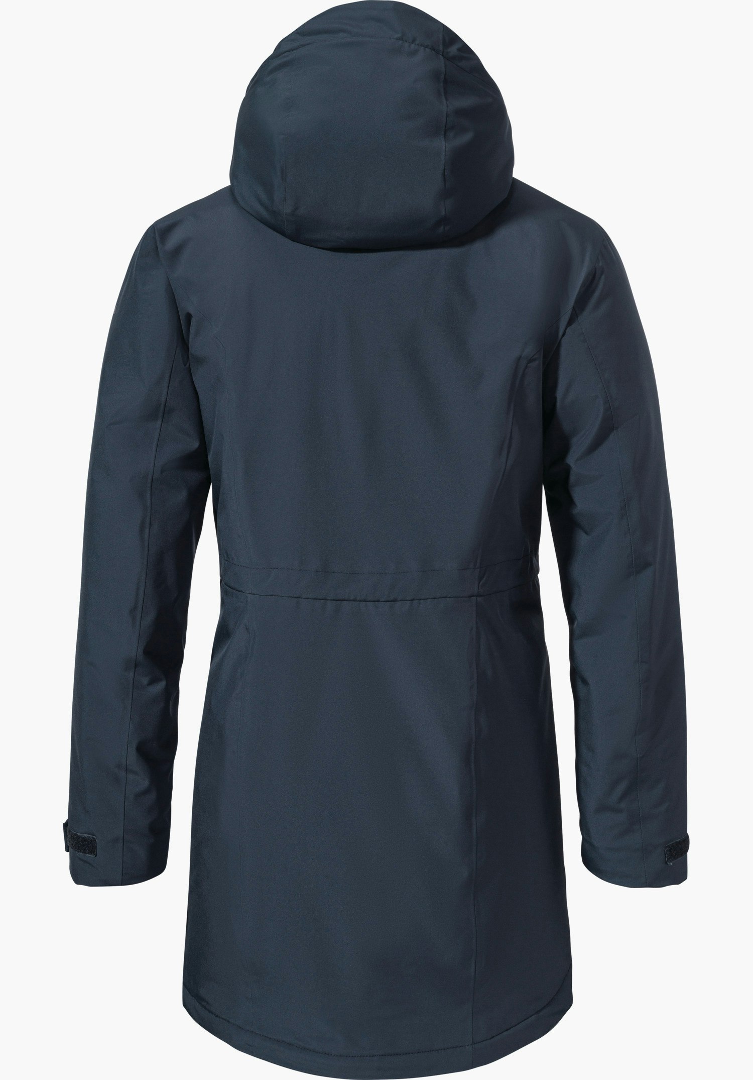 Parka Style Froda WMS Parka bleu foncé à capuche, vue de dos; longueur mi-cuisse, couture de taille cintrée, manches longues avec poignets à velcro, surface extérieure lisse; détourage sur fond blanc.