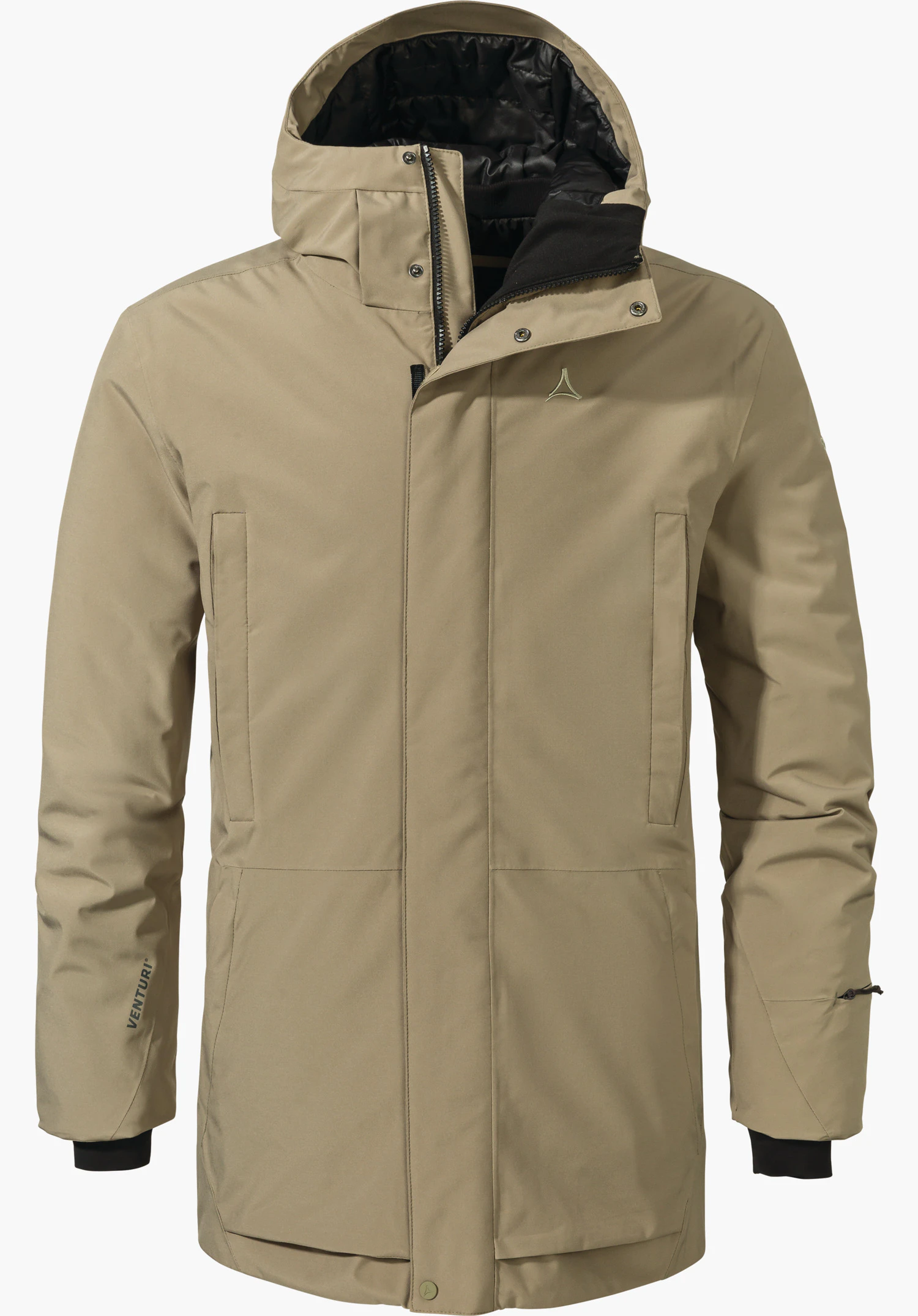 Urban Ins Parka Style Crivat MNS Beiger Winterparka, frontal präsentiert; Reißverschluss und Druckknopfleiste geschlossen, Kapuze geöffnet; schwarzes Innenfutter; Schöffel-Logo auf der Brust; Schriftzug auf Ärmel: "VENTURI".
