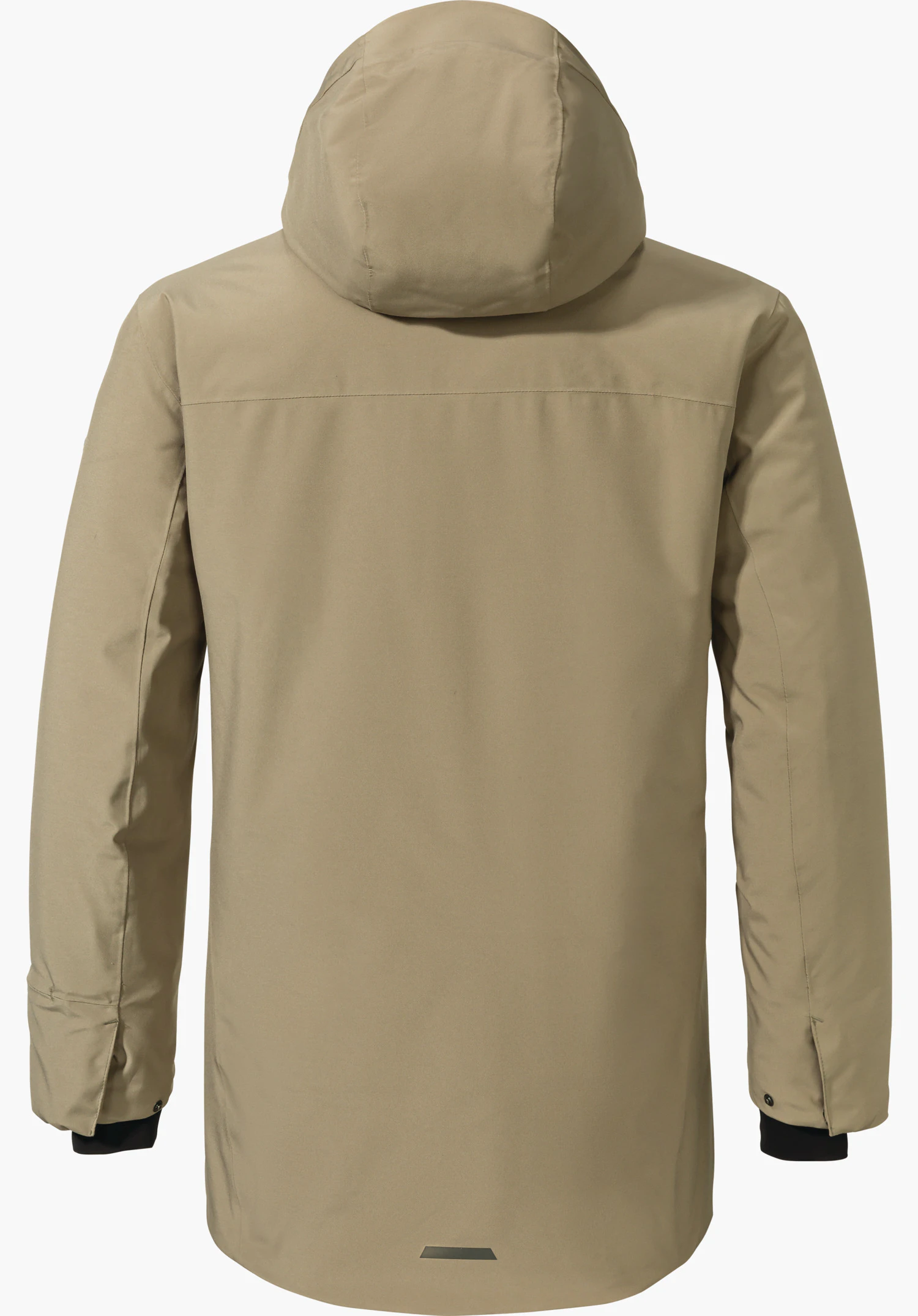 Ins Parka Style Crivat MNS hellbraune Kapuzenjacke, Rückansicht, Ärmel locker gesenkt, Kapuze aufrecht; auf weißem Hintergrund präsentiert.