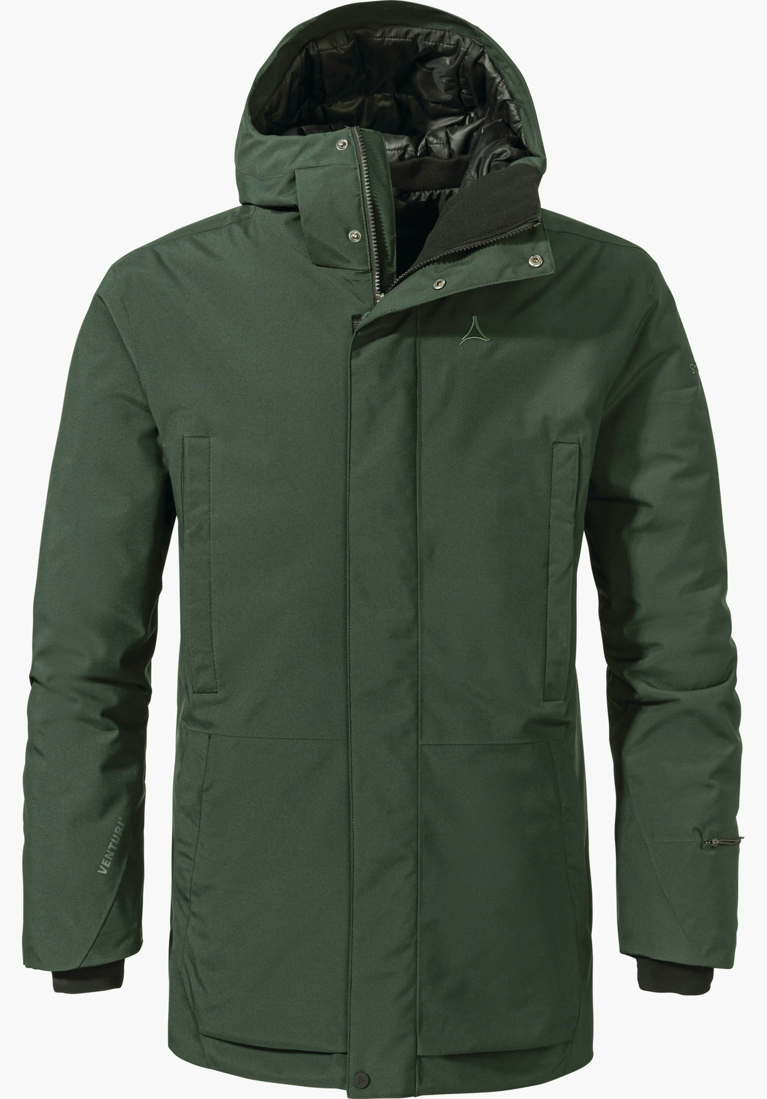 Urban Ins Parka Style Crivat MNS Dunkelgrüner Winterparka, mit geschlossenem Reißverschluss und aufgerichteter Kapuze, vor weißem Hintergrund. Schöffel-Logo auf der Brust; Schriftzug "VENTURI" am linken Ärmel.