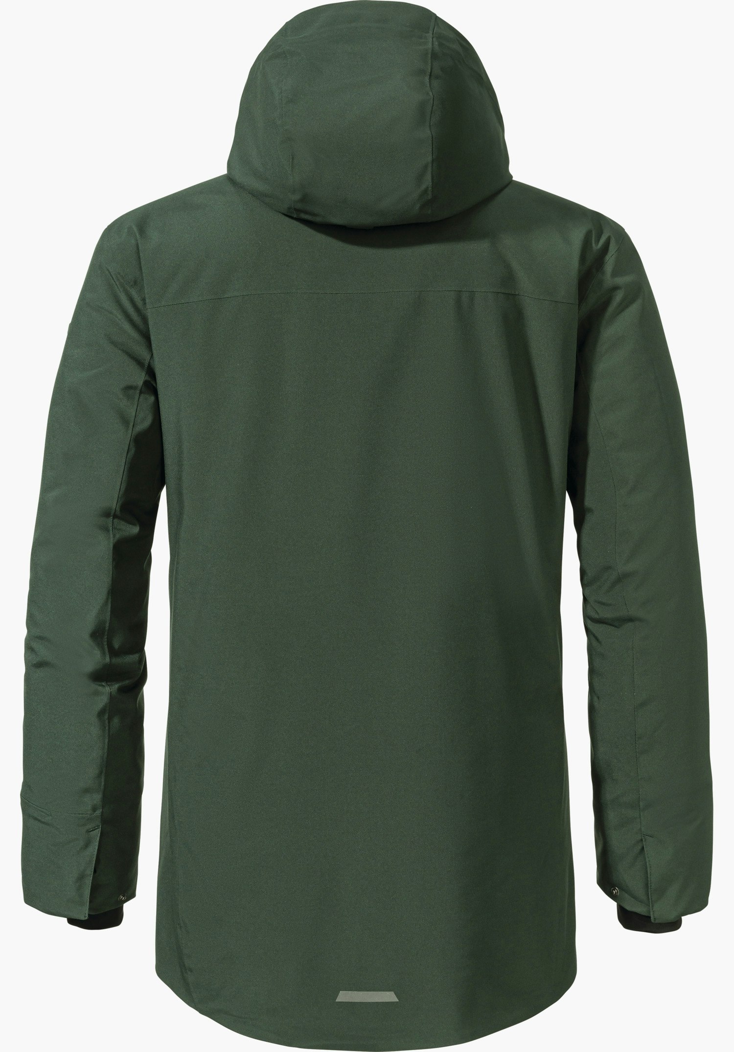 Ins Parka Style Crivat MNS dunkelgrüne Jacke, Rückenansicht mit aufgesetzter Kapuze; Jacke hängt ruhig, Ärmel gesenkt, unifarben, mit kleinem reflektierendem Streifen am Saum, vor hellem neutralem Hintergrund.