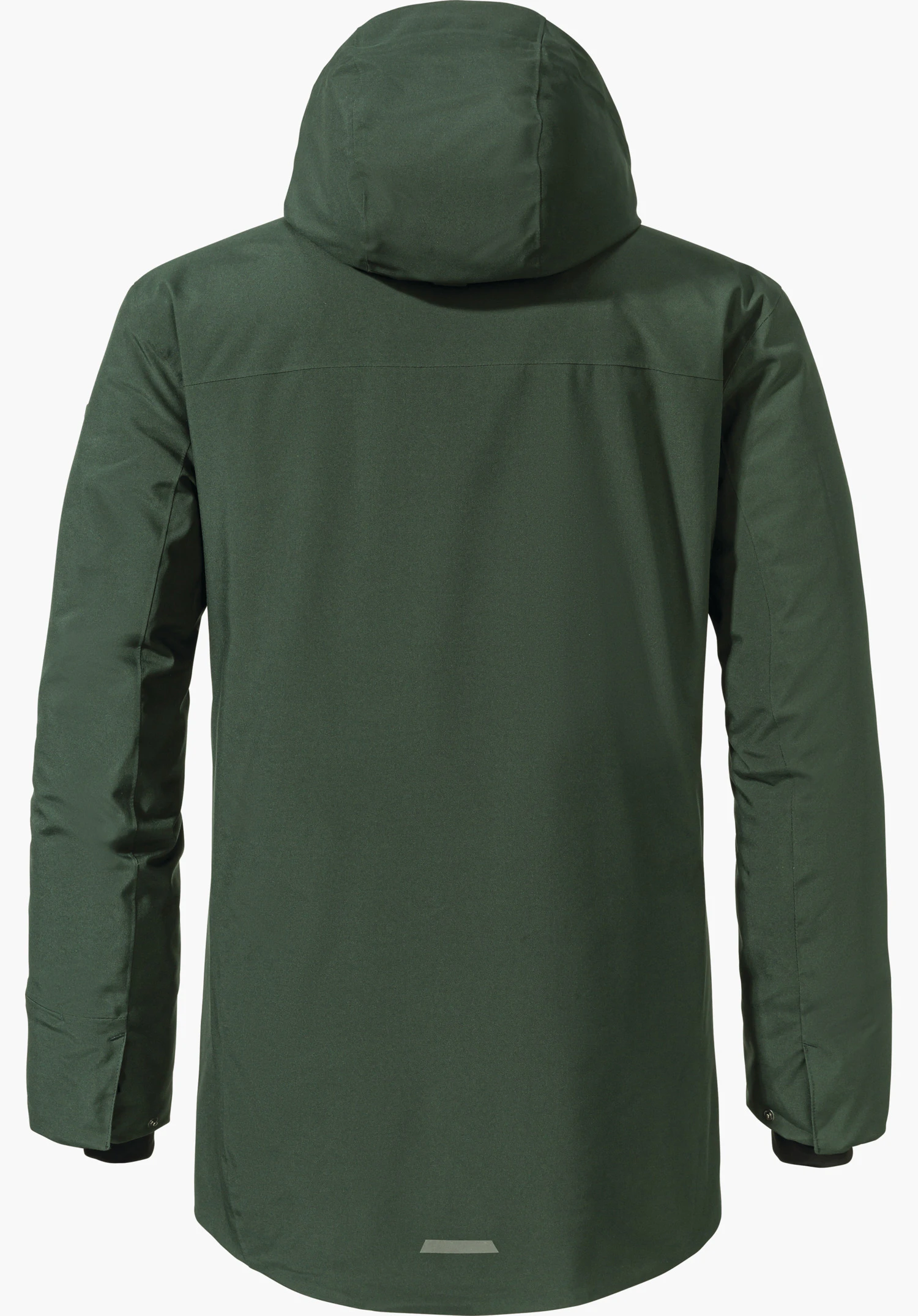 Ins Parka Style Crivat MNS dunkelgrüne Jacke, Rückenansicht mit aufgesetzter Kapuze; Jacke hängt ruhig, Ärmel gesenkt, unifarben, mit kleinem reflektierendem Streifen am Saum, vor hellem neutralem Hintergrund.