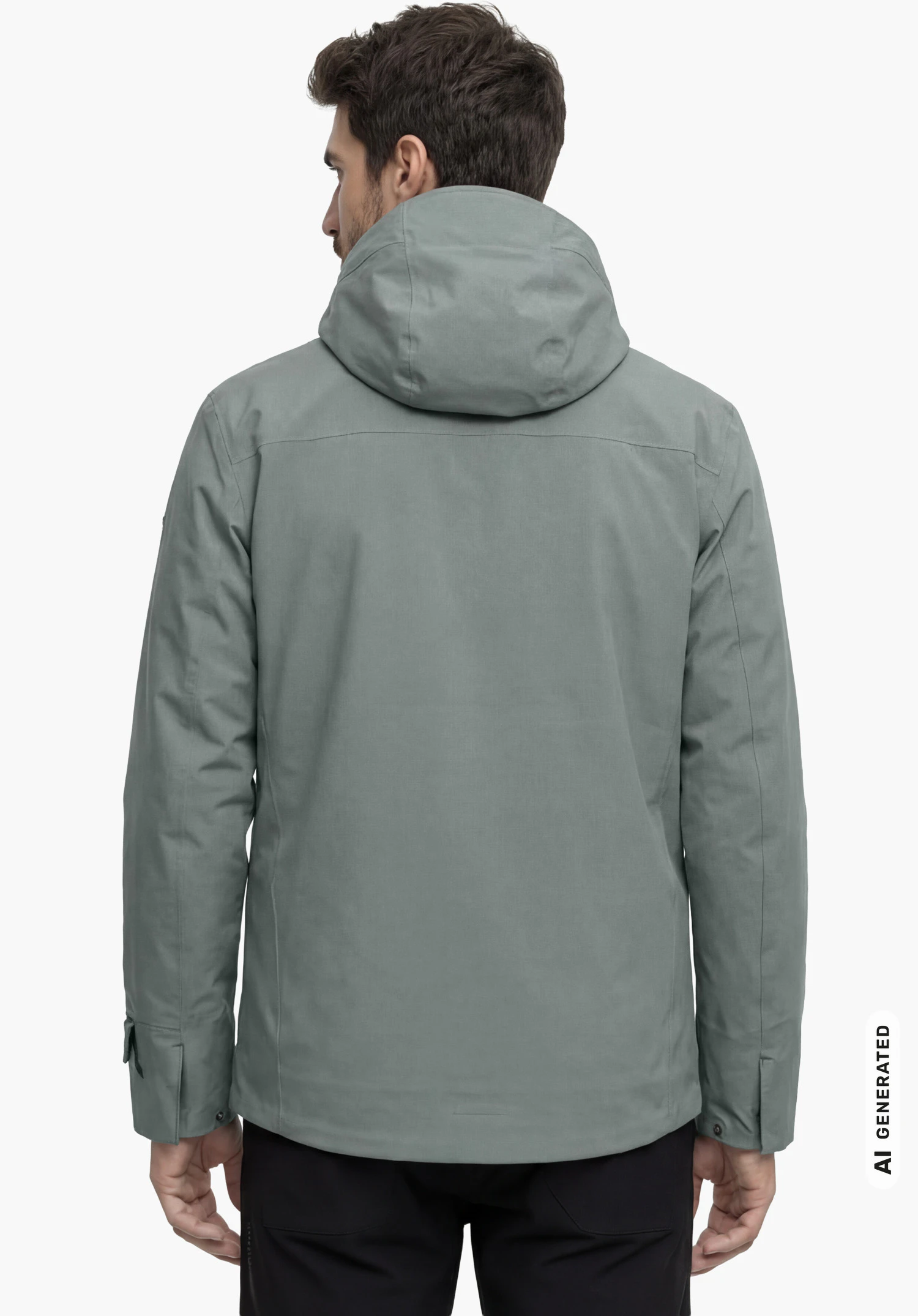 Ins Parka Style Crivat MNS in grey, worn by a male model standing upright and shown from the back with arms hanging down against a white background. (AI-generated)
