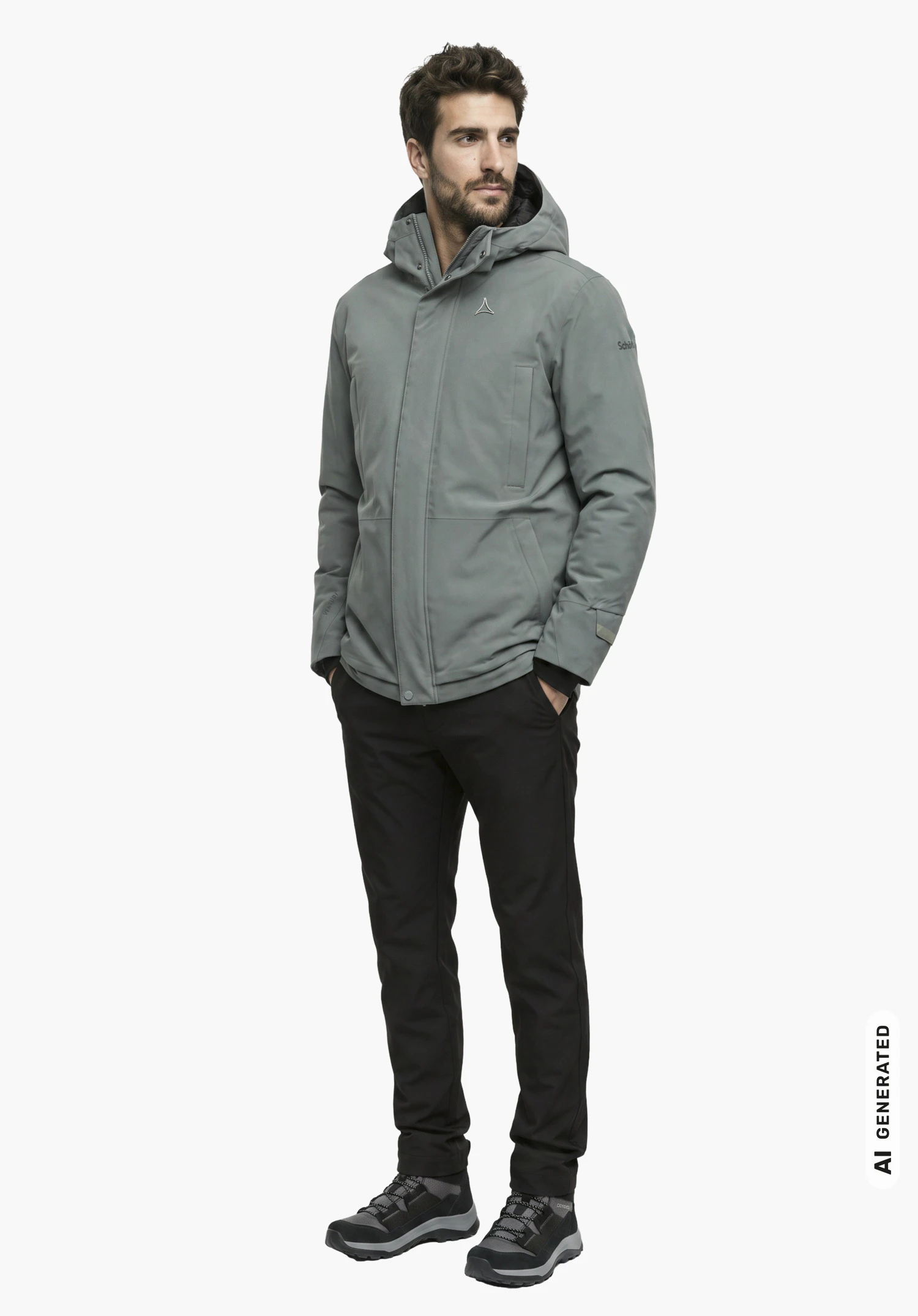 Ins Parka Style Crivat MNS in grey, worn by a male model with hands in pockets in a slight side view with a visible Schöffel logo against a white background. (AI-generated)
