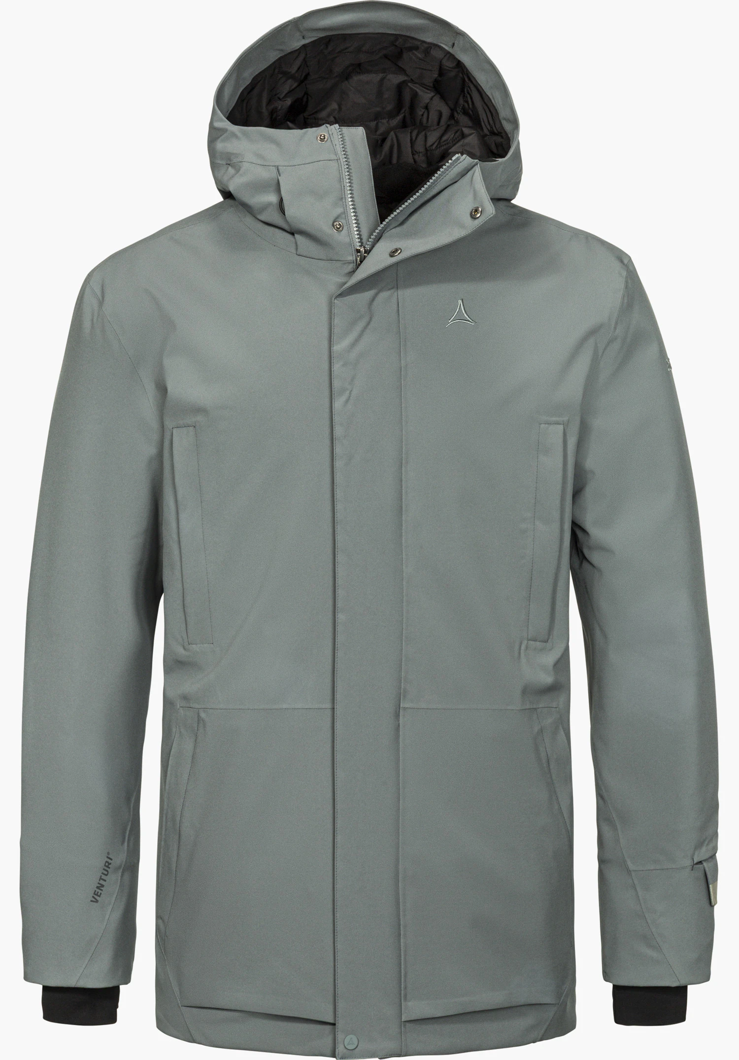 Ins Parka Style Crivat MNS winter parka in grey with a hood and subtle Schöffel logo, shown from the front and isolated on a white background.