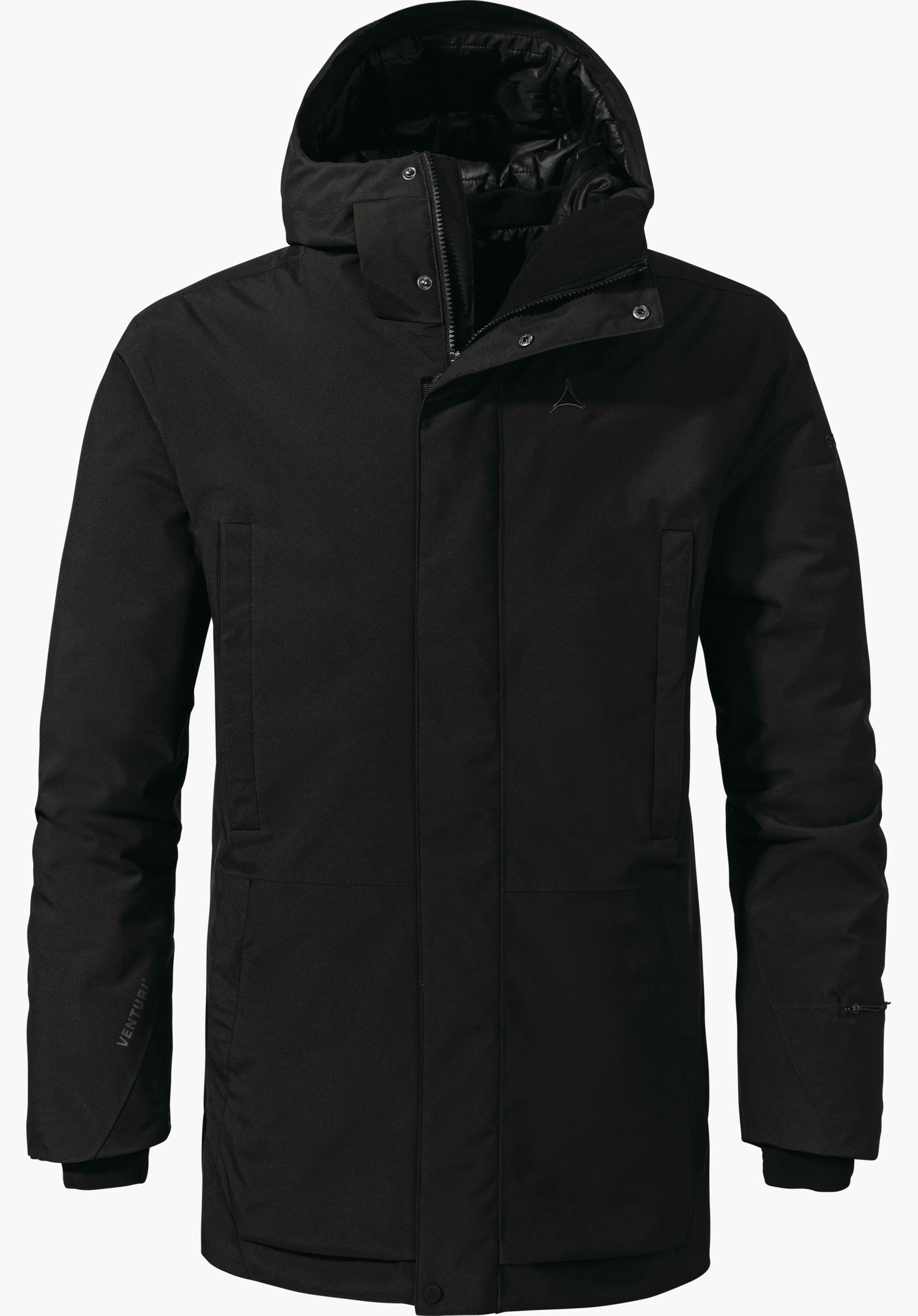 Urban Ins Parka Style Crivat MNS schwarzer Winterparka präsentiert sich frontal mit Kapuze, Schöffel-Logo auf der Brust; Ärmelbeschriftung: "VENTURI". KonSchriftzug: freigestellt vor weißem Hintergrund.