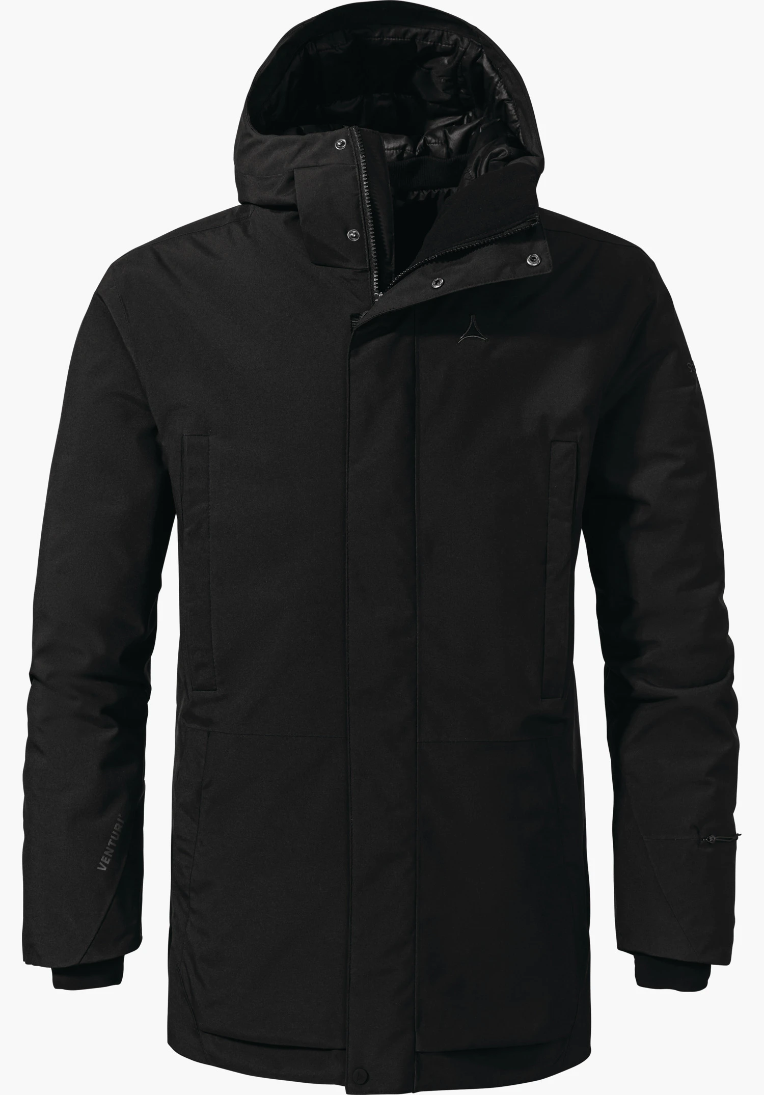 Urban Ins Parka Style Crivat MNS schwarzer Winterparka präsentiert sich frontal mit Kapuze, Schöffel-Logo auf der Brust; Ärmelbeschriftung: "VENTURI". KonSchriftzug: freigestellt vor weißem Hintergrund.