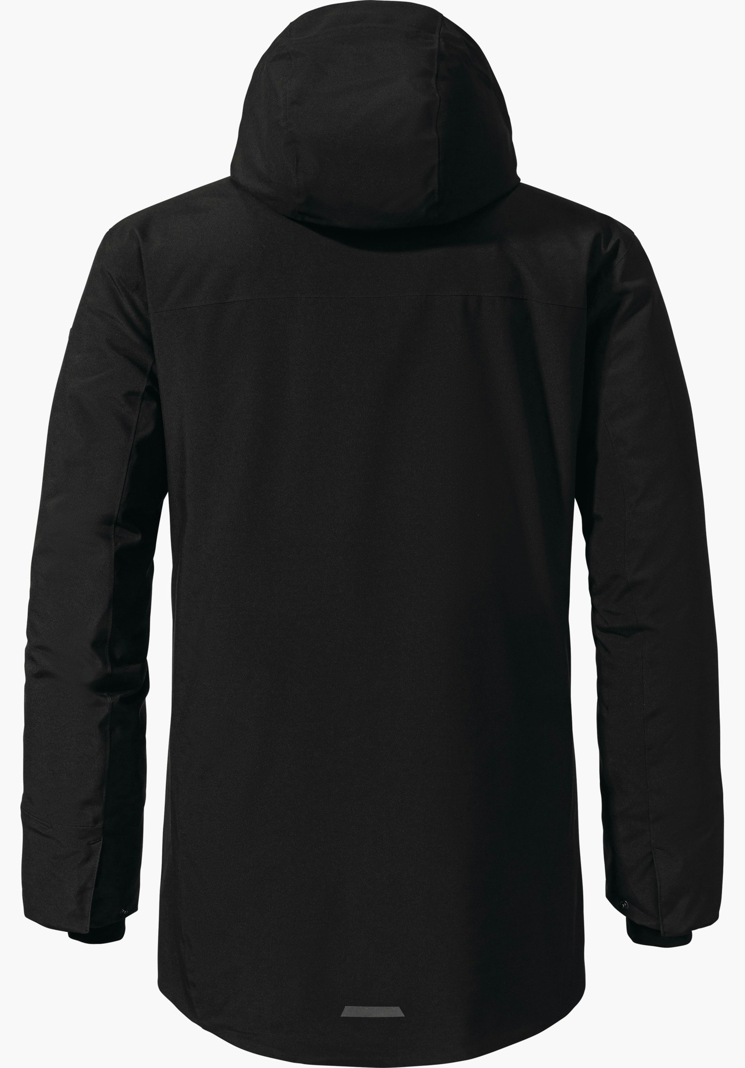 Ins Parka Style Crivat MNS schwarze Kapuzenjacke, Rückansicht; hängt gerade, lange Ärmel und abgerundeter Saum sichtbar; freigestellt vor weißem Hintergrund.