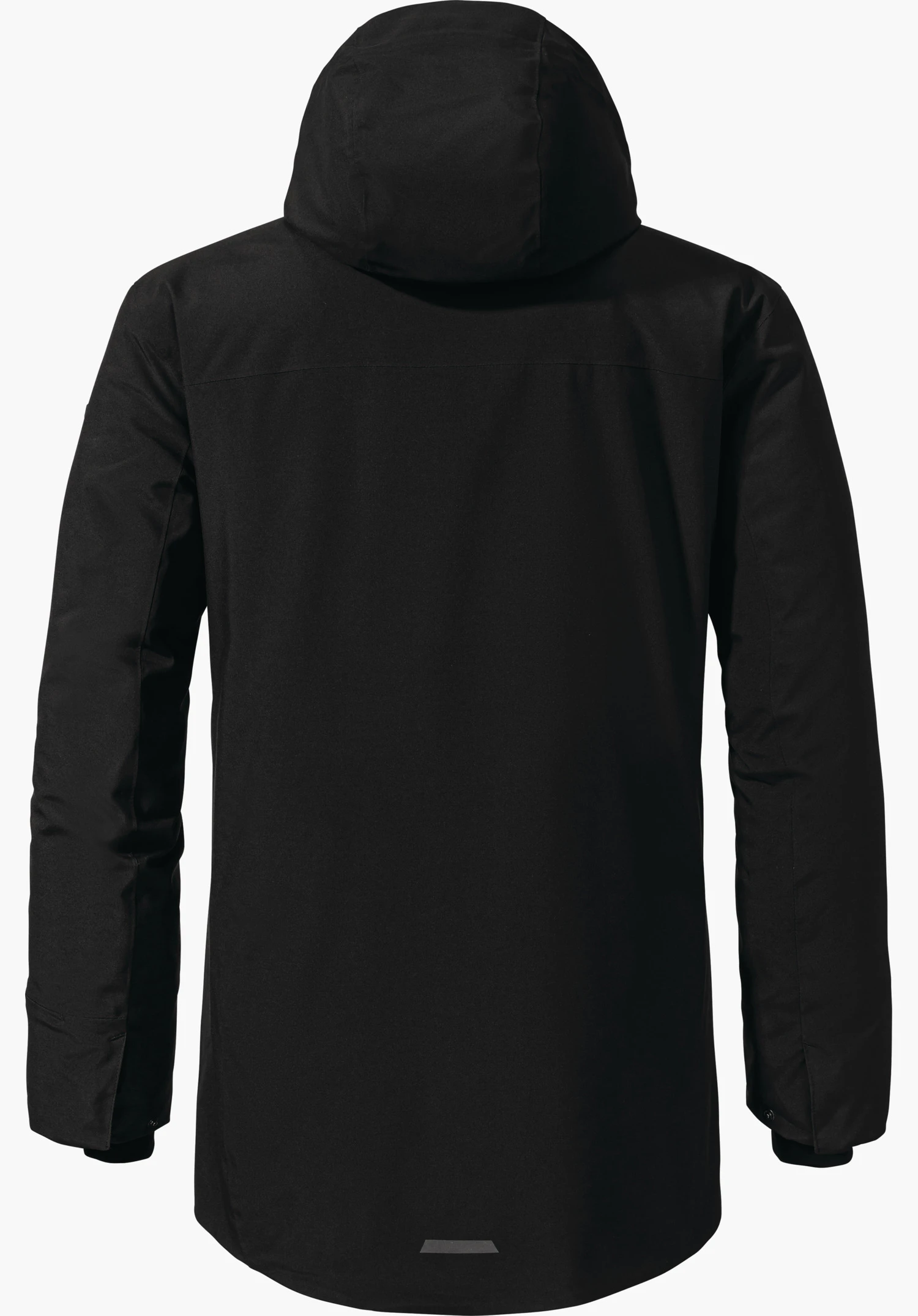 Ins Parka Style Crivat MNS schwarze Kapuzenjacke, Rückansicht; hängt gerade, lange Ärmel und abgerundeter Saum sichtbar; freigestellt vor weißem Hintergrund.