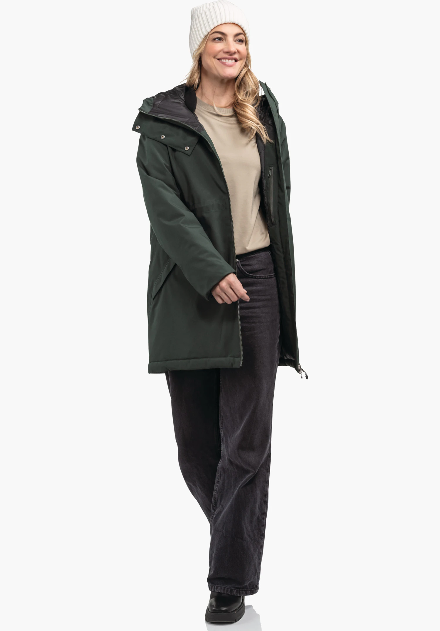 Ins Parka Style Crivat WMS zeigt die feine Textur des grünen Oberstoffs und eine seitliche Pattentasche. Nahaufnahme vor weißem/neutralem Hintergrund.