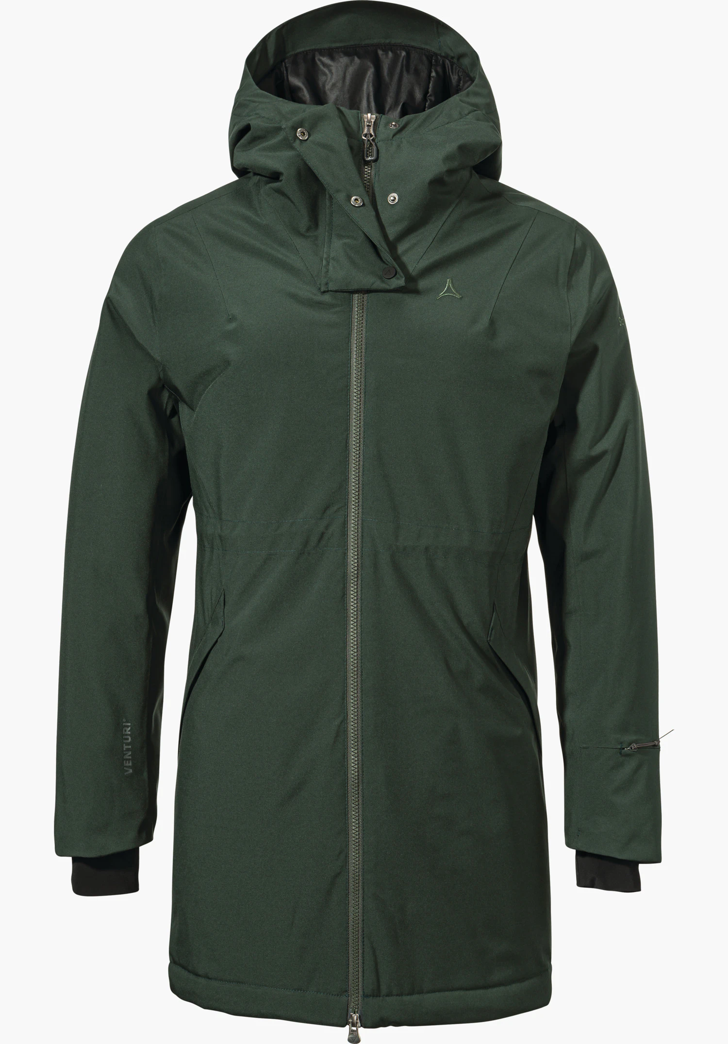 Ins Parka Style Crivat WMS Dunkelgrüne Parka-Jacke mit Kapuze, frontal geschlossen präsentiert; Schöffel-Logo auf der Brust. Schriftzug auf dem linken Ärmel: "VENTURI". Auf weißem Hintergrund.