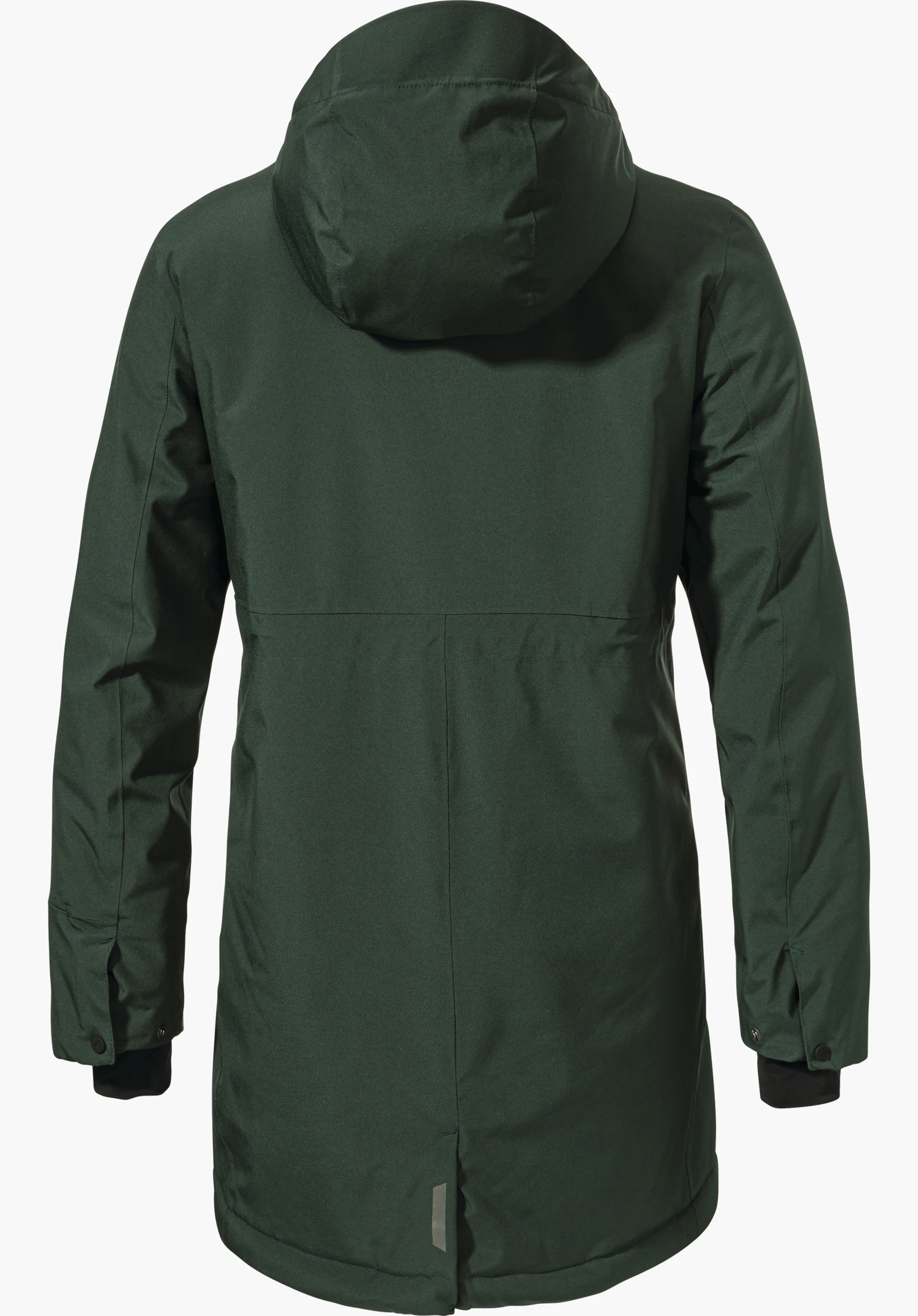 Ins Parka Style Crivat WMS dunkelgrüner Parka mit Kapuze, Rückansicht; Jacke hängt gerade, Ärmel hängen seitlich, längere Rückenpartie mit Schlitz; neutraler weißer Hintergrund.