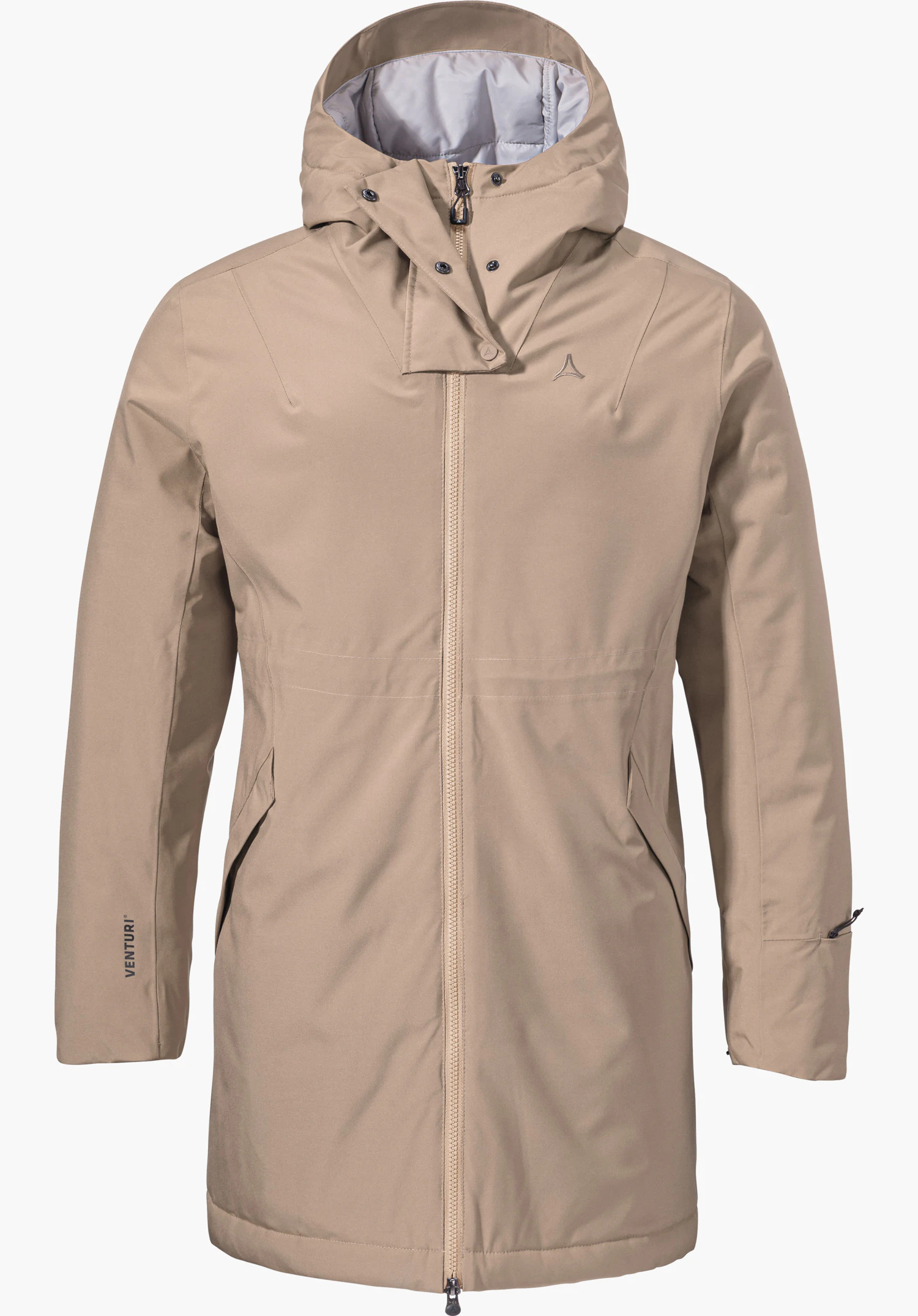 Ins Parka Style Crivat WMS pink parka, front closed with hood, Schöffel logo on the chest, side pockets, sleeve text “VENTURI.”; isolated on a white background.