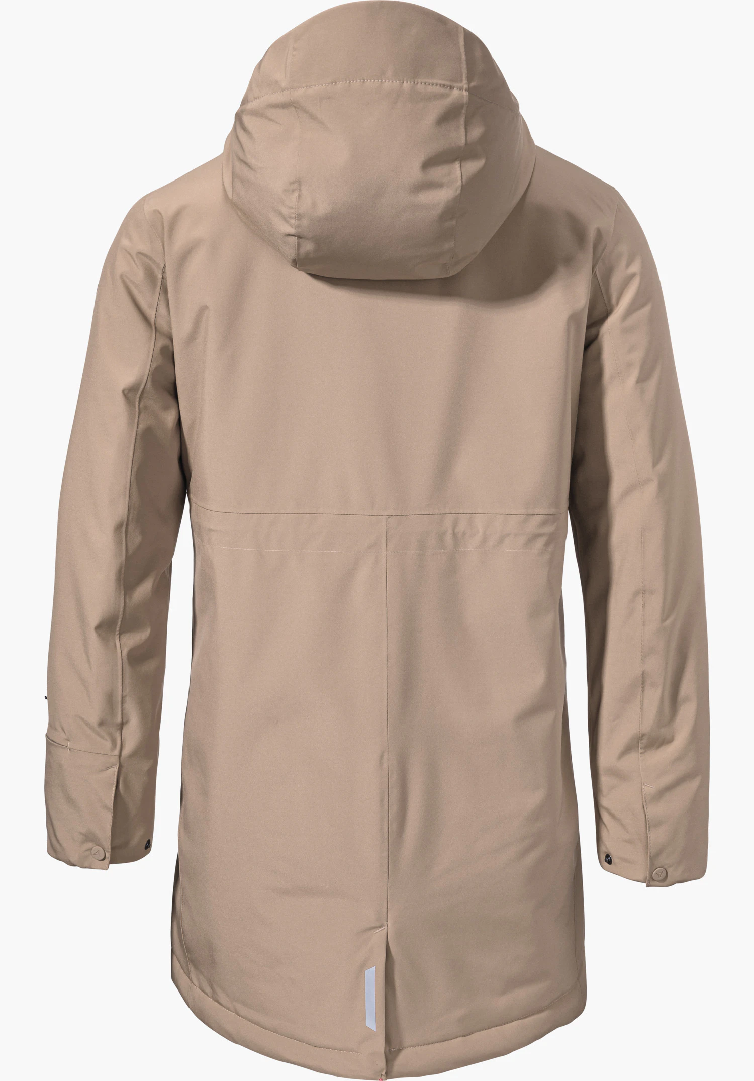Ins Parka Style Crivat WMS light brown hooded parka, rear view; hood attached, long sleeves, lightly shaped waist, central back seam and small slit at the hem; neutral white background.