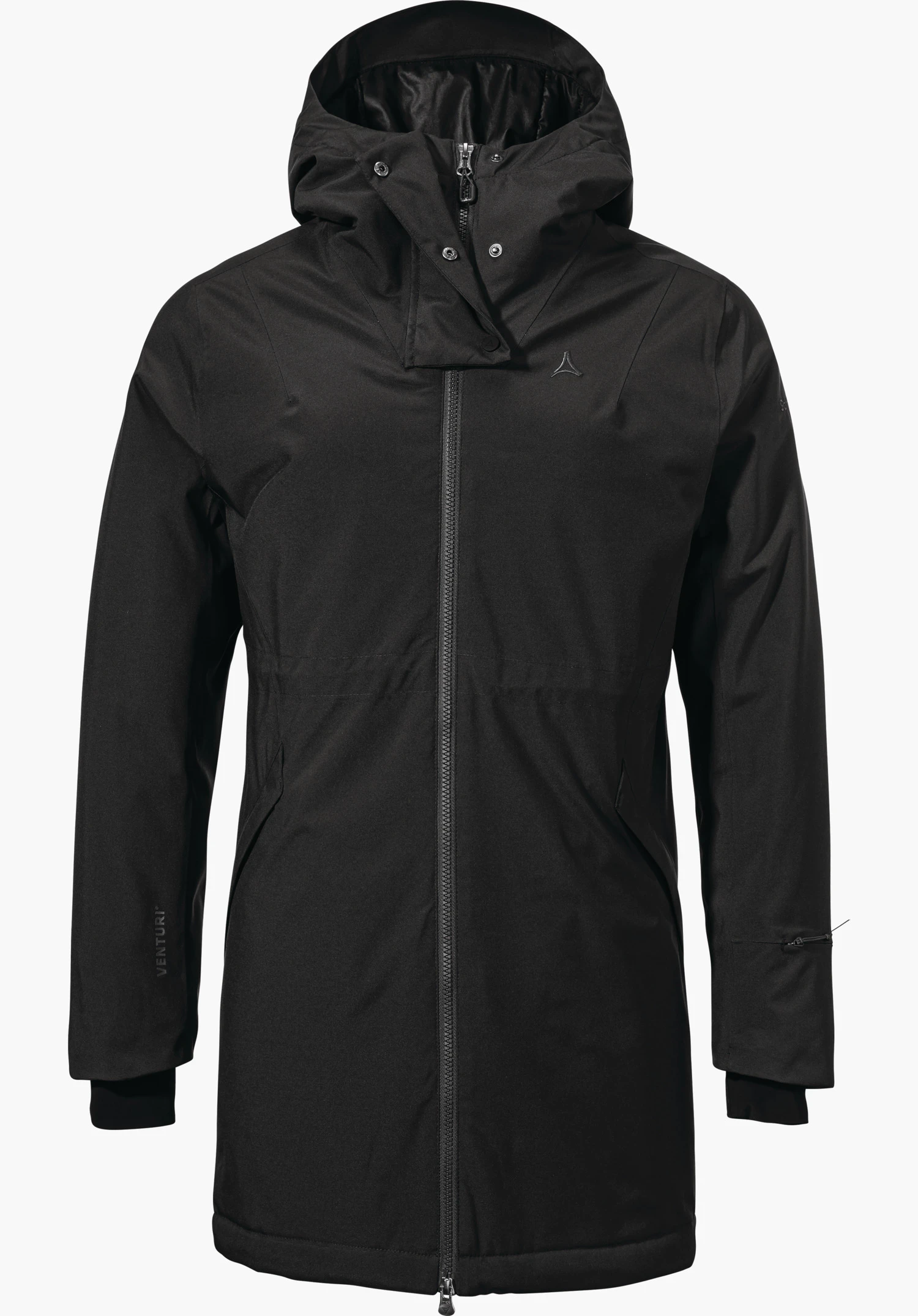 Ins Parka Style Crivat WMS Schwarze Kapuzenparka mit Schöffel-Logo auf der Brust, schließt mit durchgehendem Reißverschluss; mit seitlichen Taschen und Ärmelaufdruck "VENTURI"; frontal auf weißem Hintergrund.