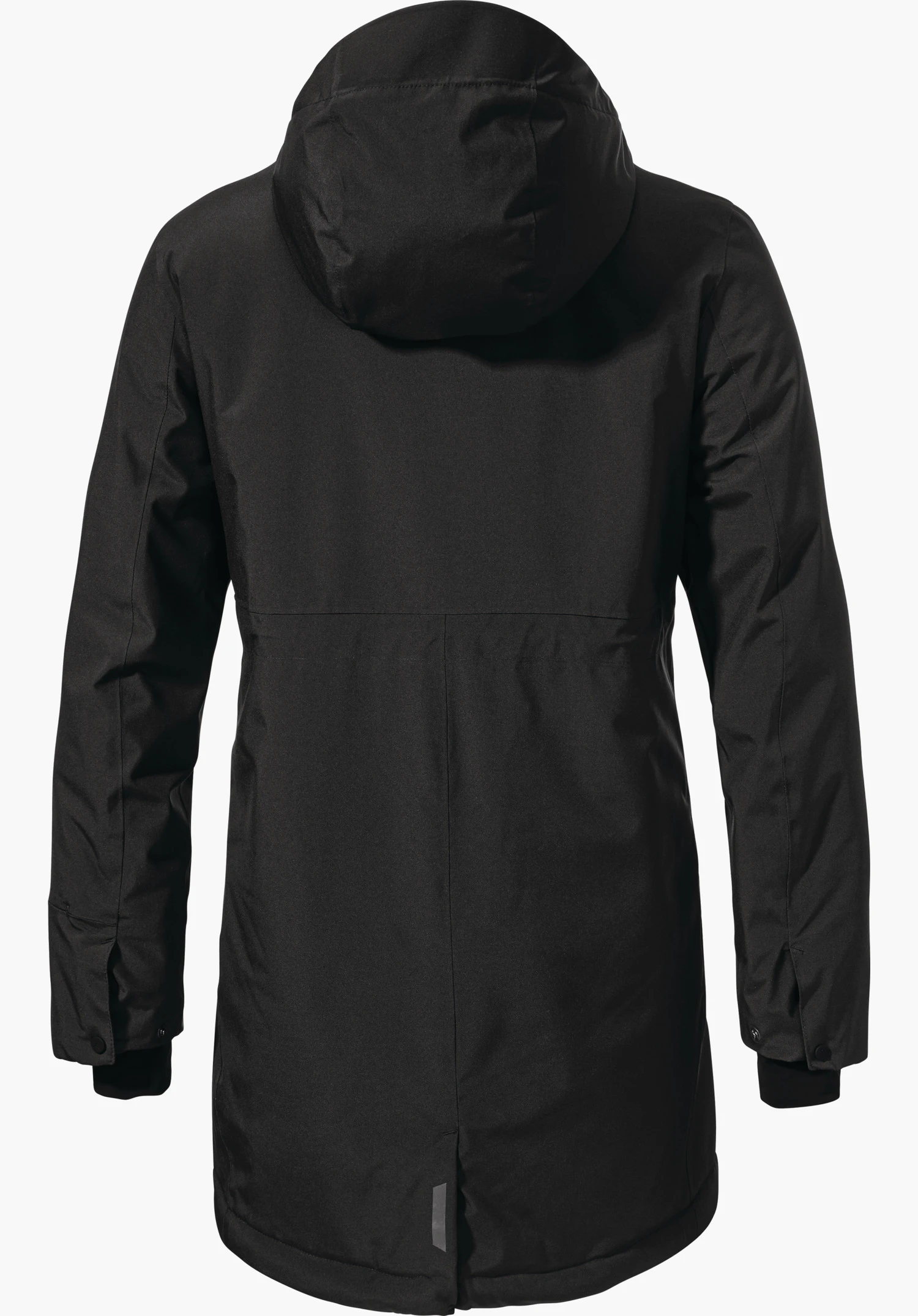 Ins Parka Style Crivat WMS schwarze Parkajacke, Rückansicht; Kapuze angelegt, Ärmel locker herabhängend, verlängerter Rücken mit kleinem reflektierendem Streifen, sichtbare Nähte, freigestellt vor weißem Hintergrund.