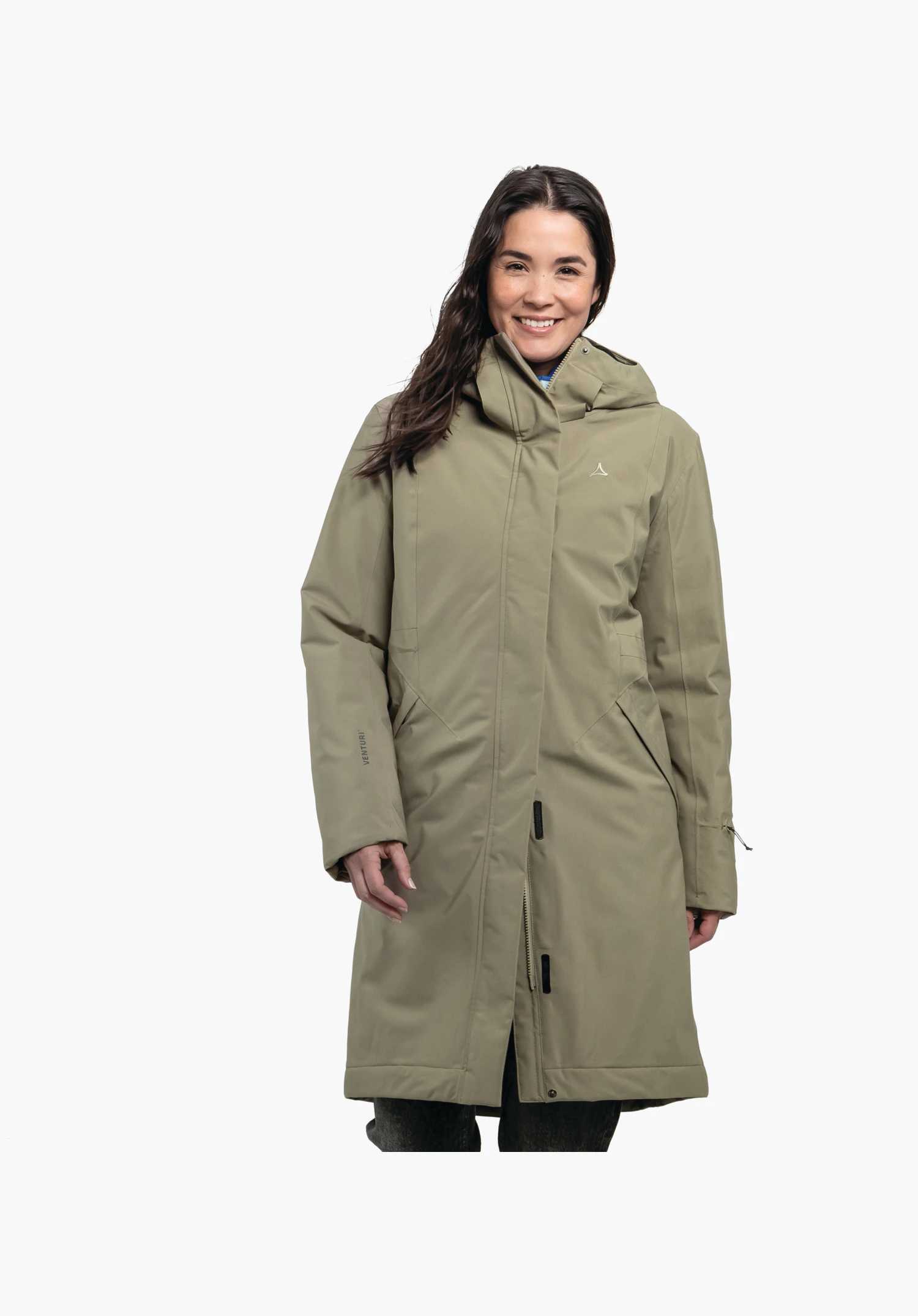 Ins Coat Style Gregale WMS. Detailansicht des braunen Materials mit Reißverschluss. Nahaufnahme vor weißem/neutralem Hintergrund.