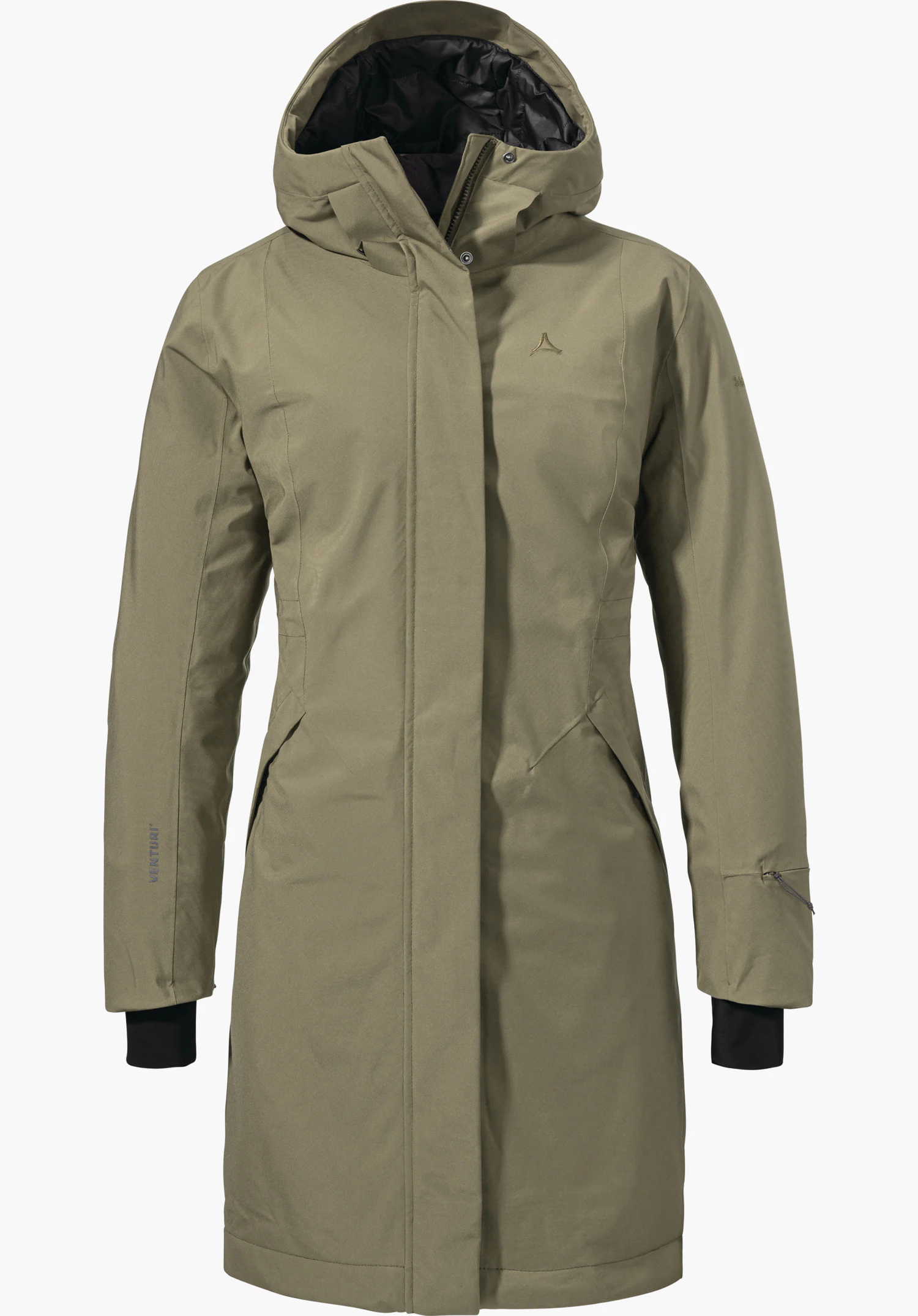 Ins Coat Style Gregale WMS Khaki Parka mit Kapuze, Schöffel-Logo auf linker Brust, Frontreißverschluss mit Windblende geschlossen, schwarze Innenkapuze, seitliche Taschen; freigestellt vor weißem Hintergrund. Schriftzug: VENTURI