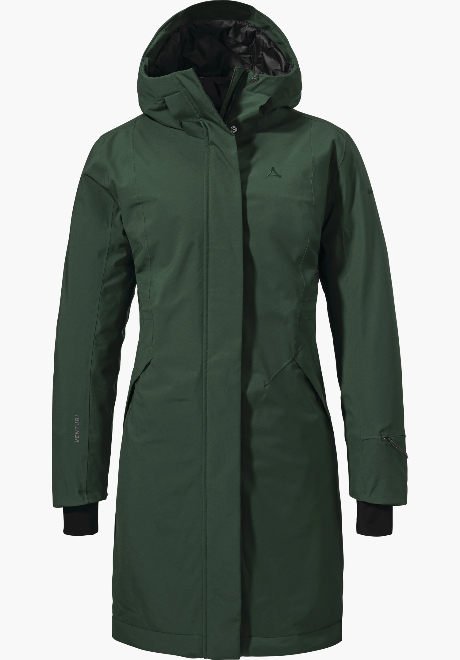 Ins Coat Style Gregale WMS Isolationsjacke in grün mit Kapuze und dezentem Schöffel-Logo in Frontansicht freigestellt vor weißem Hintergrund.