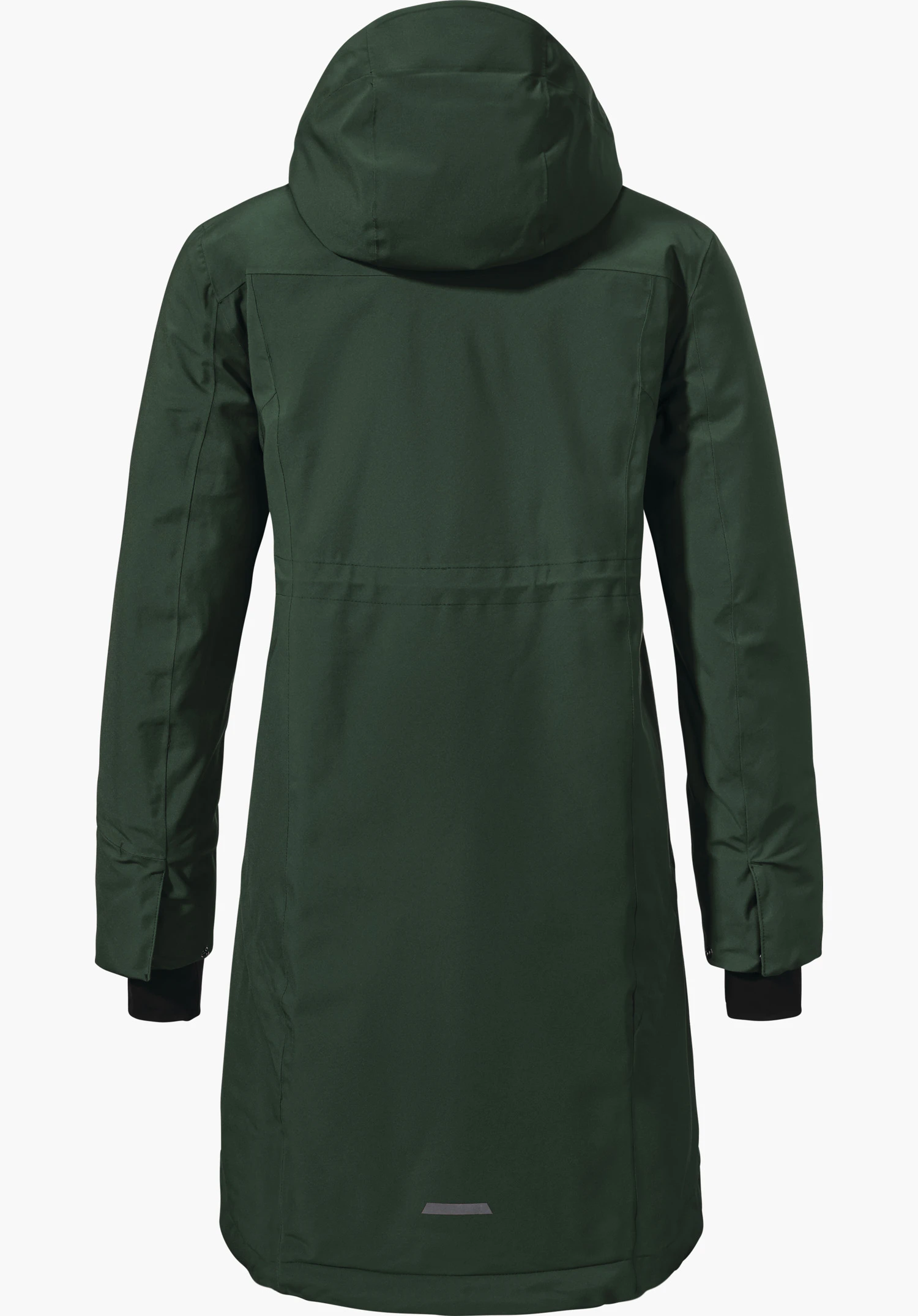 Ins Coat Style Gregale WMS Isolationsjacke in grün in Rückansicht mit Kapuze freigestellt vor weißem Hin tergrund.