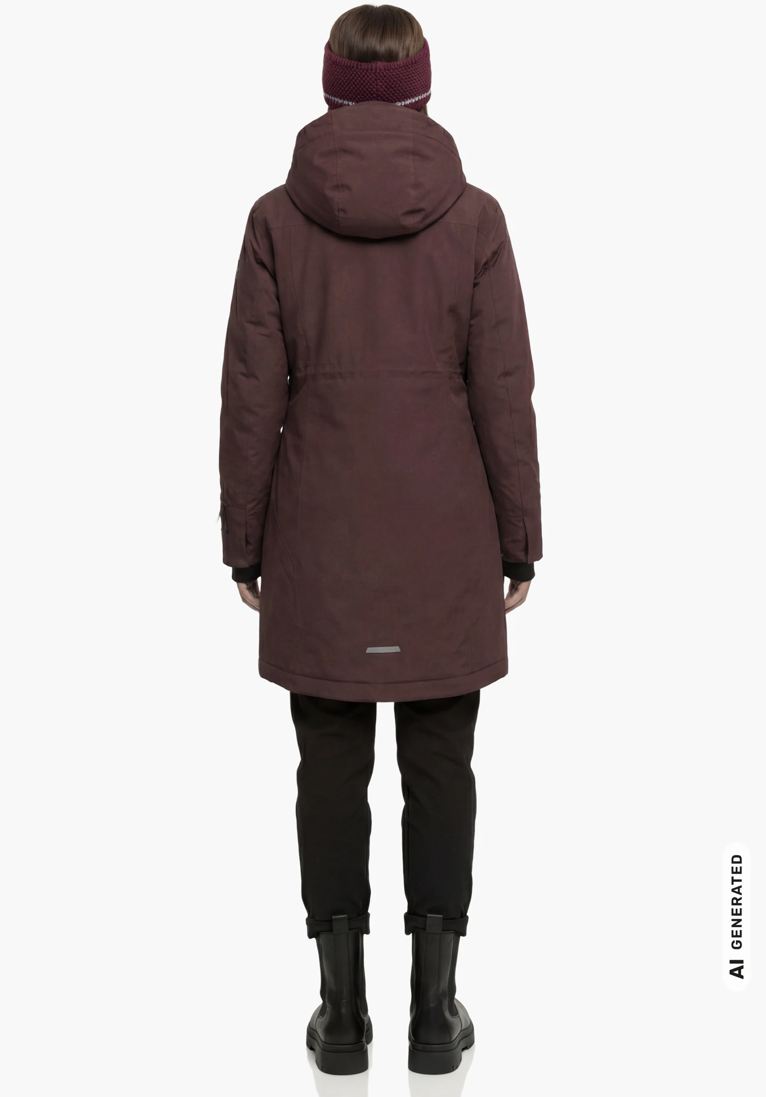 Ins Coat Style Gregale WMS in paars, gedragen door een vrouwelijk model dat rechtop staat en van achteren wordt getoond met de armen langs het lichaam tegen een witte achtergrond. (AI-gegenereerd)