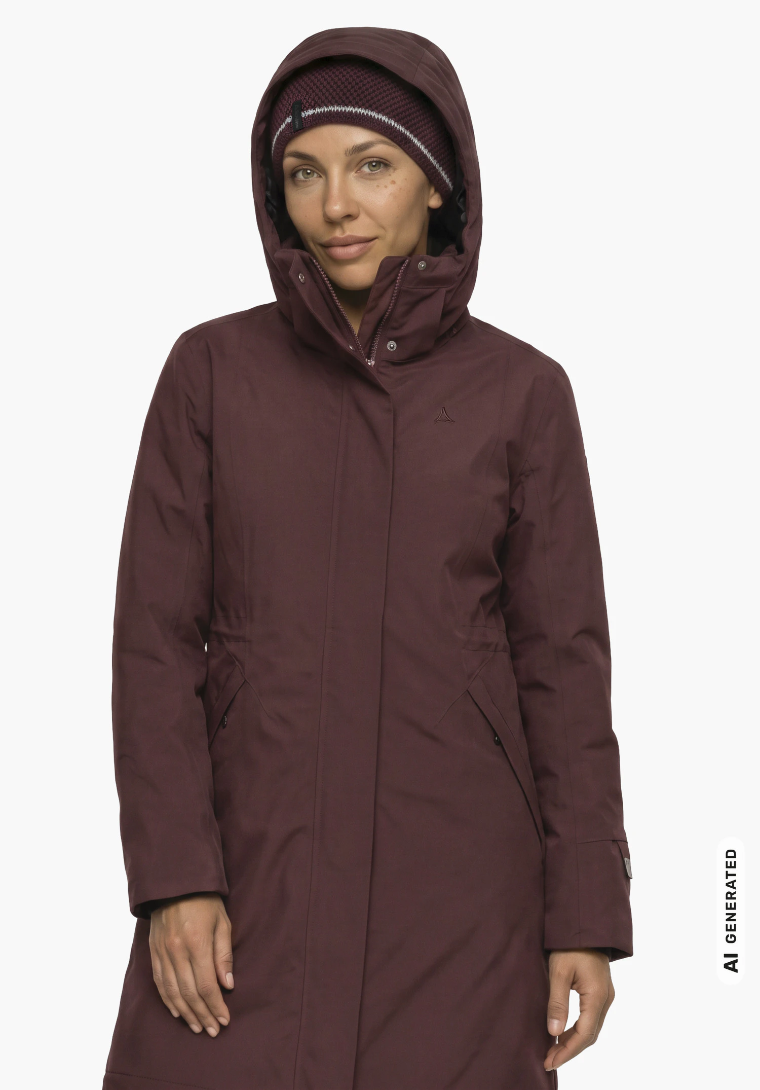 Ins Coat Style Gregale WMS in paars met Schöffel-logo, gedragen door een vrouwelijk model in lichte zijaanzicht met een rechtopstaande houding en handen langs het lichaam tegen een witte achtergrond. (Door AI gegenereerd)