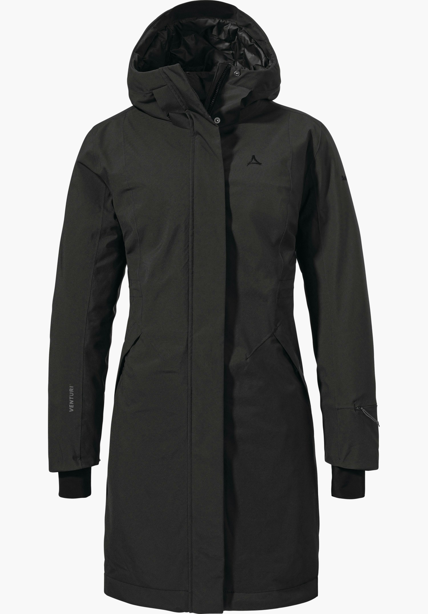 Ins Coat Style Gregale WMS black parka with hood, front view; Schöffel logo on the chest; sleeve print “VENTURI”; extended, waterproof-looking outer fabric on a white background.