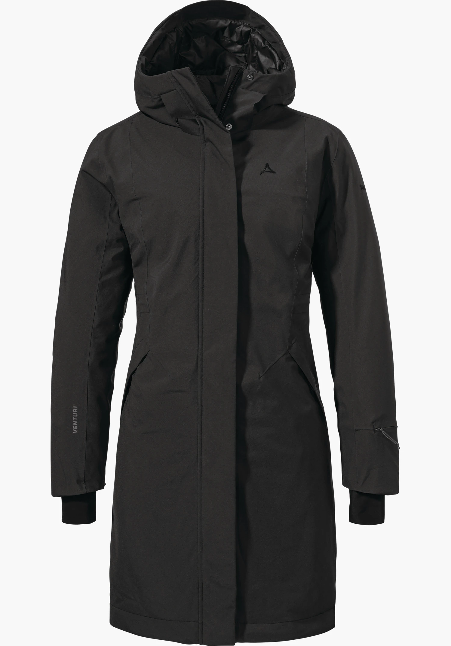 Ins Coat Style Gregale WMS Schwarzer Parka mit Kapuze, frontal präsentiert; Schöffel-Logo auf der Brust; Ärmelaufdruck "VENTURI"; verlängertes, wasserdicht wirkendes Außenmaterial vor weißem Hintergrund.