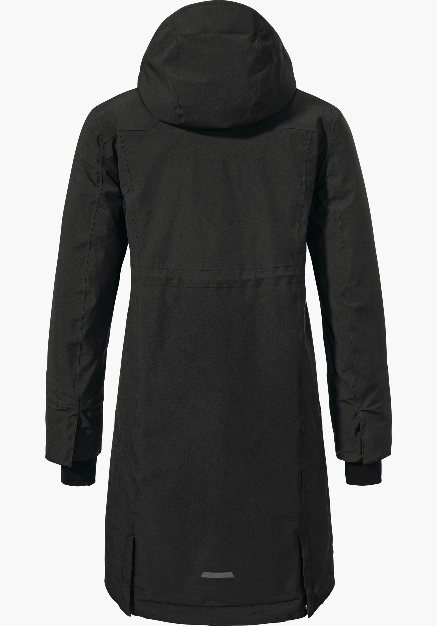 Ins Coat Style Gregale WMS long black parka with hood, rear view, arms at the sides, tailored fit, smooth surface; plain white background.