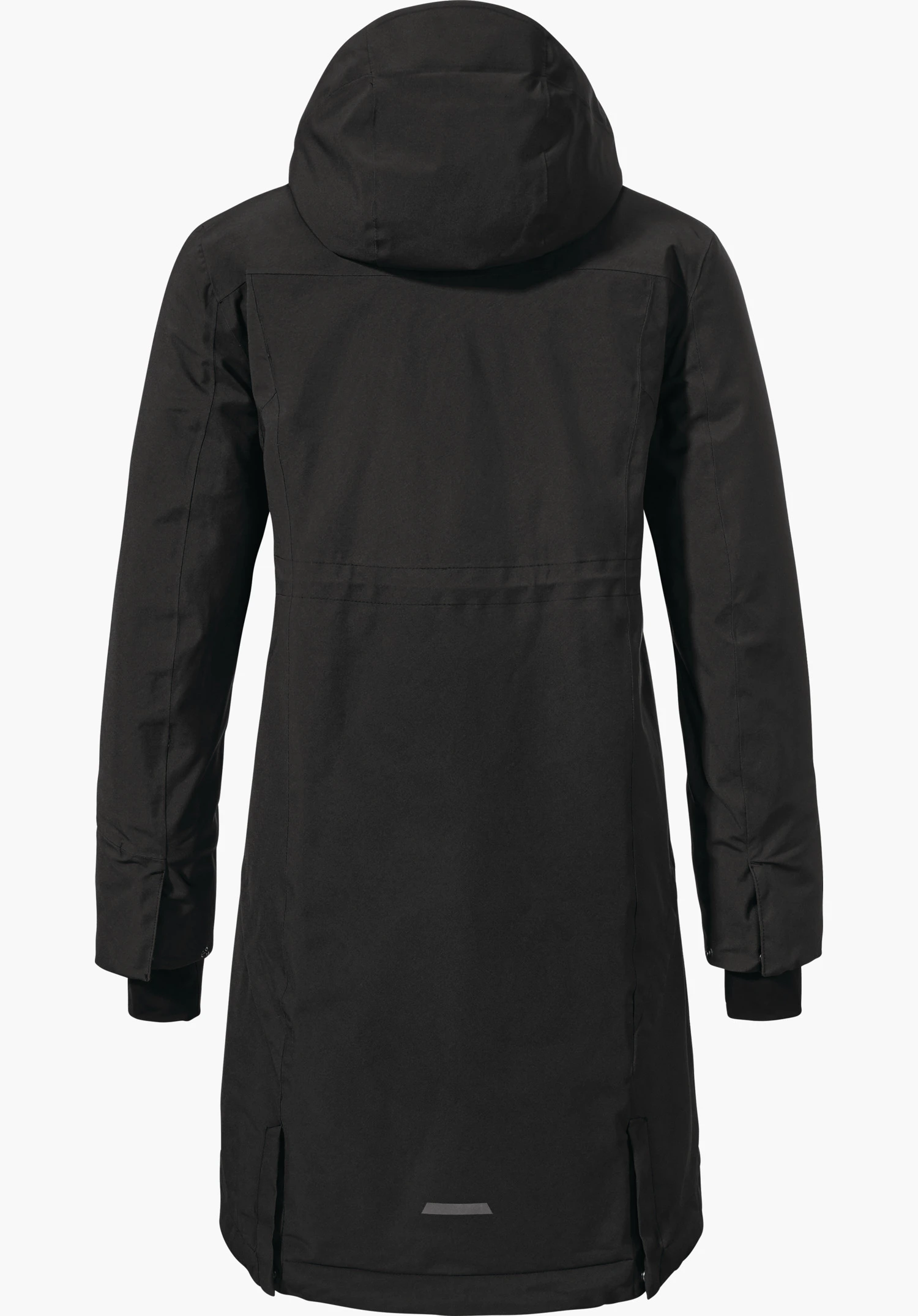 Ins Coat Style Gregale WMS langer schwarzer Parka mit Kapuze, Rückenansicht, Arme seitlich, taillierter Schnitt, glatte Oberfläche; vor einfarbig weißem Hintergrund.