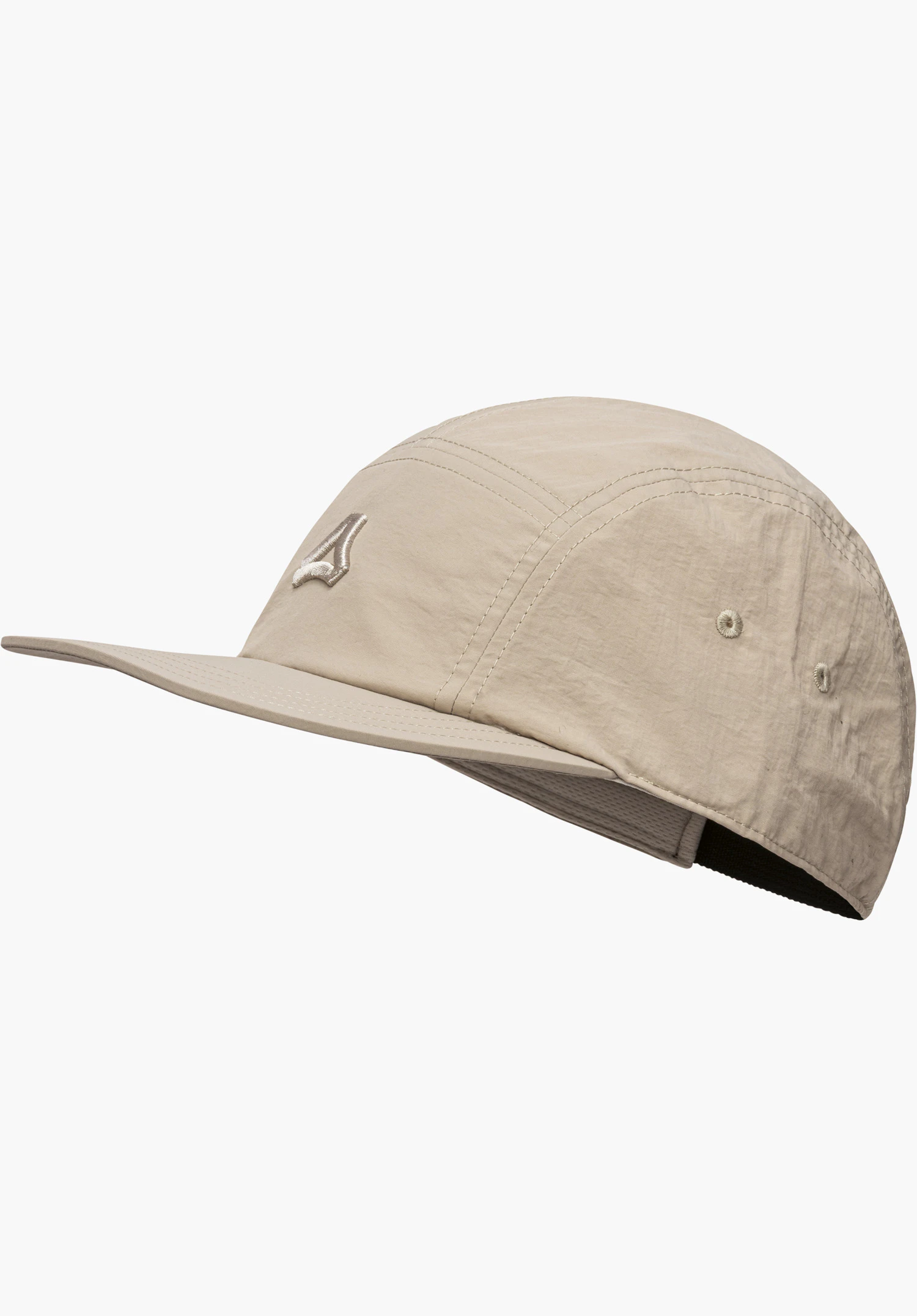 Sun Cap in beige with an embroidered Schöffel logo on the front, isolated on a white background.