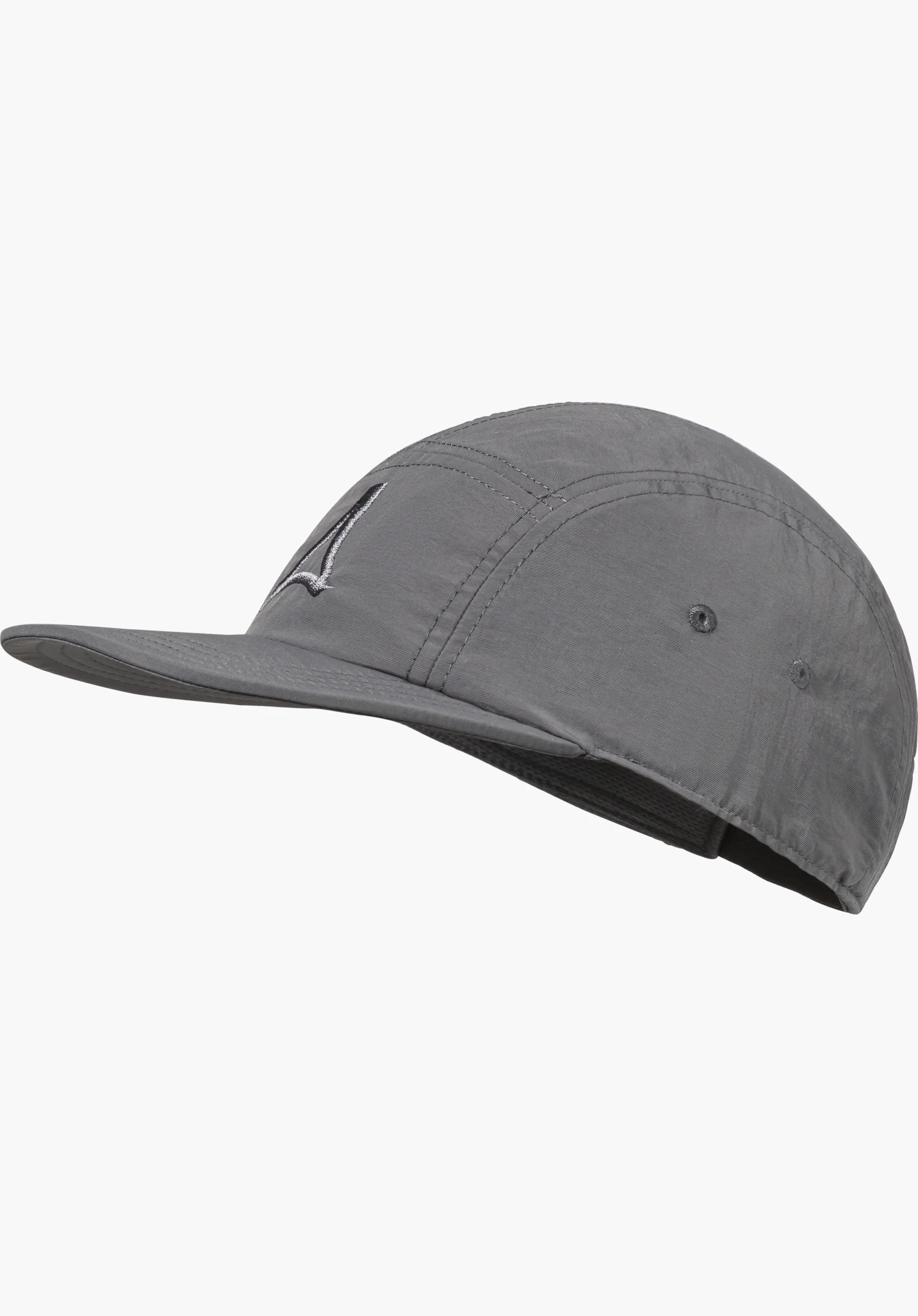 Sun Cap in grey with an embroidered Schöffel logo on the front, isolated on a white background.