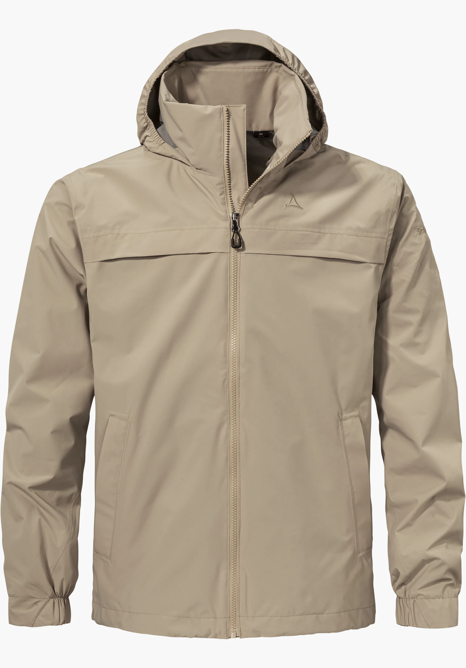 Jacket Style Bohorok MNS in beige met een capuchon, ritssluiting aan de voorkant en zichtbaar Schöffel-logo op de borst, vrijstaand gemaakt tegen een witte achtergrond.