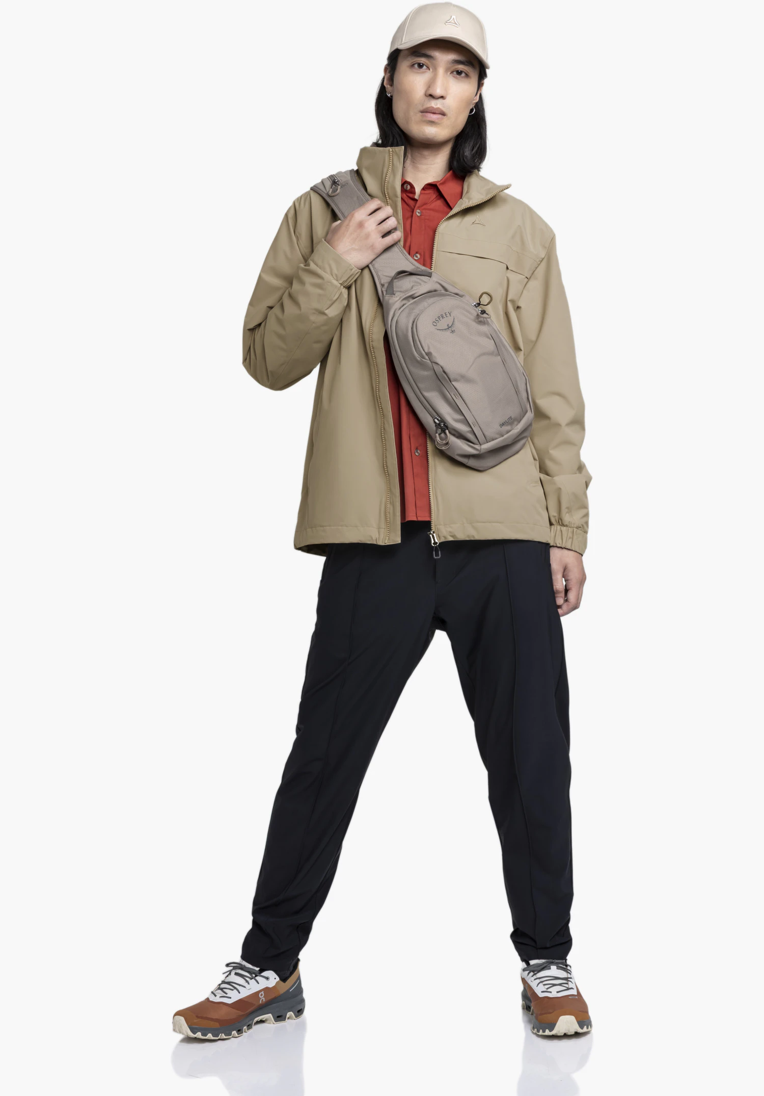 Jacket Style Bohorok MNS, focus on the beige fabric in the chest area featuring the subtle Schöffel-Logo and the metallic front zip, close-up against a white/neutral background.