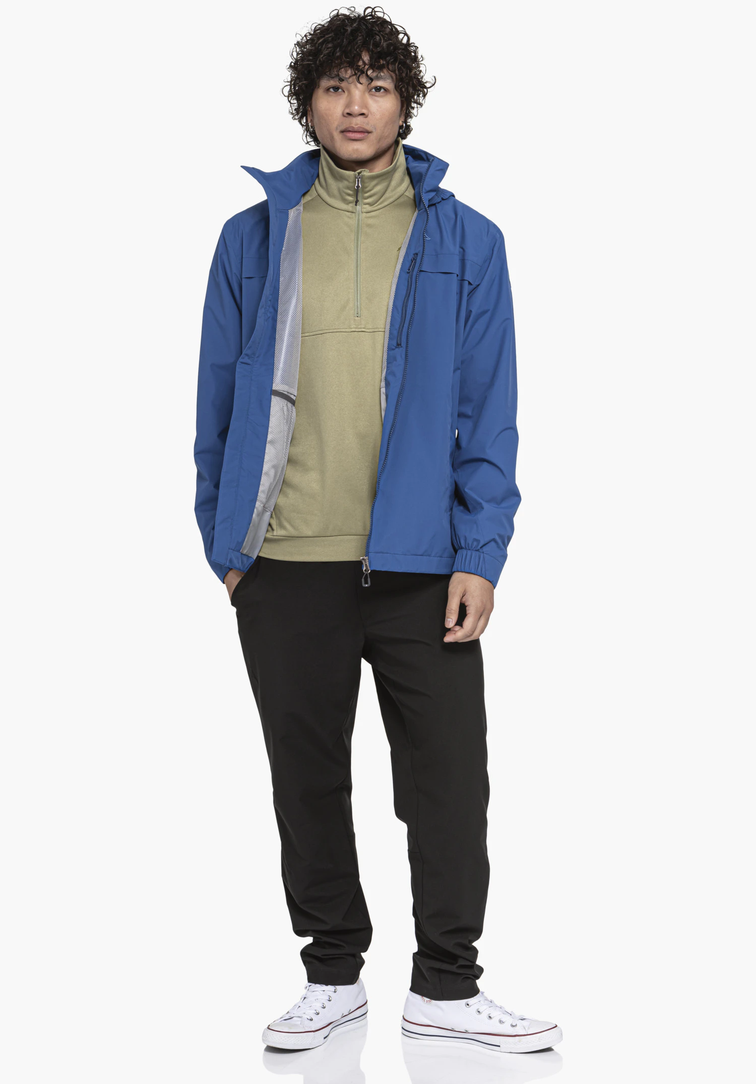 Jacket Style Bohorok MNS, focus on the open front zip and the smooth blue fabric with visible light grey mesh inner lining, close-up against a white background.